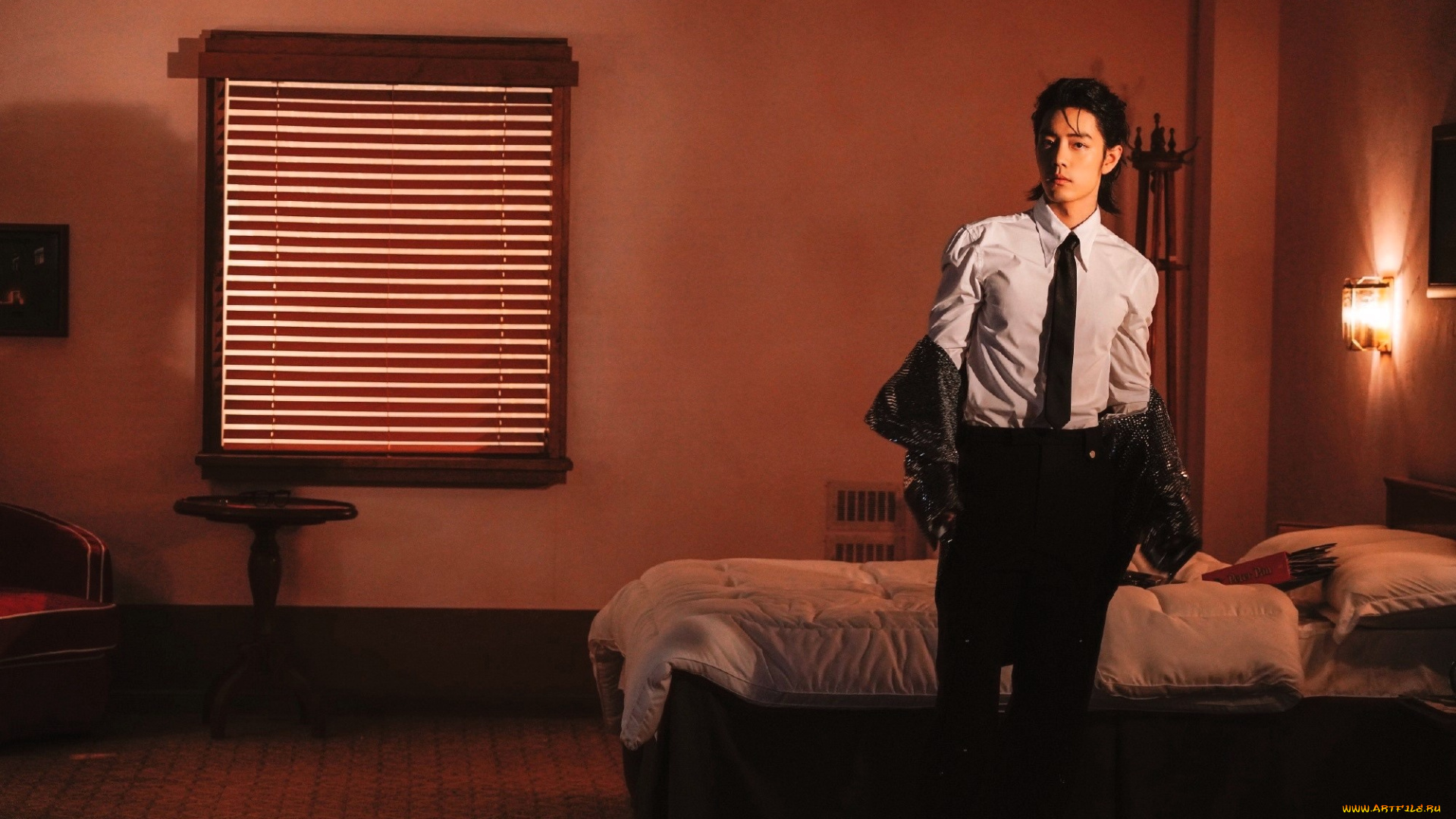 мужчины, xiao, zhan, актер, костюм, постель, жалюзи, свет