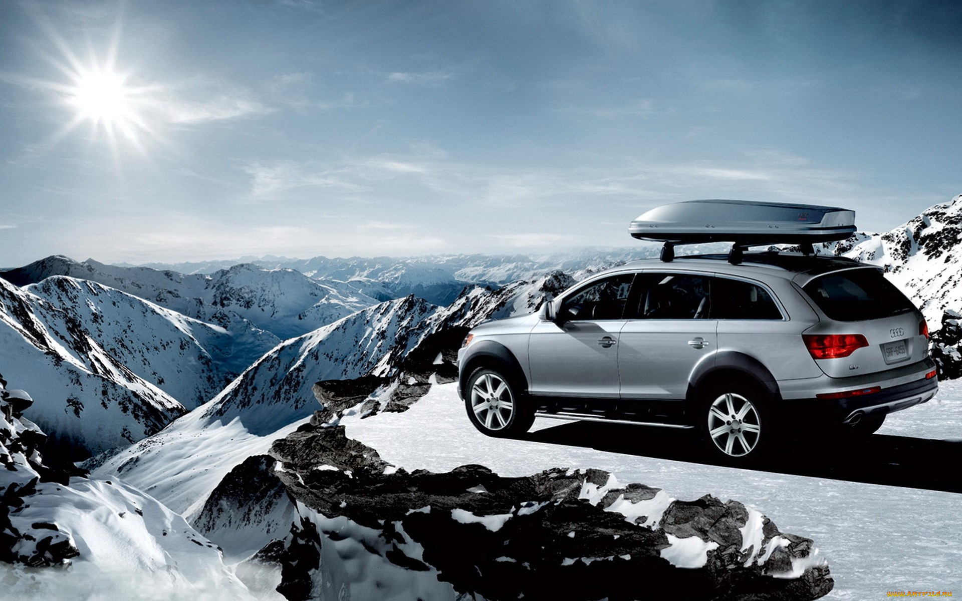 audi, q7, 4, 2, quattro, автомобили, audi, белый, снег, горы, солнце