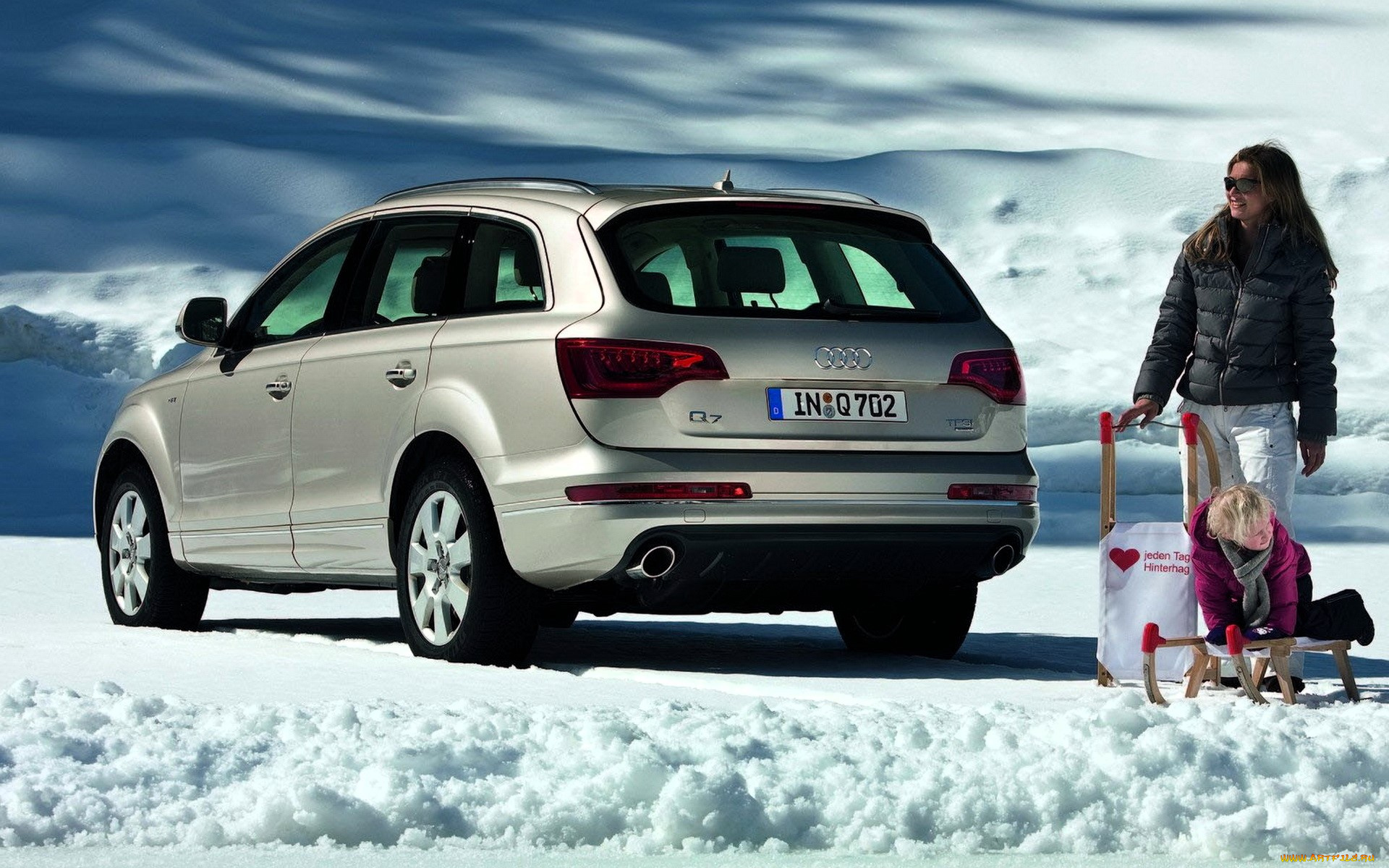 audi, q7, автомобили, audi, серебристый, снег, горы, женщина, ребенок