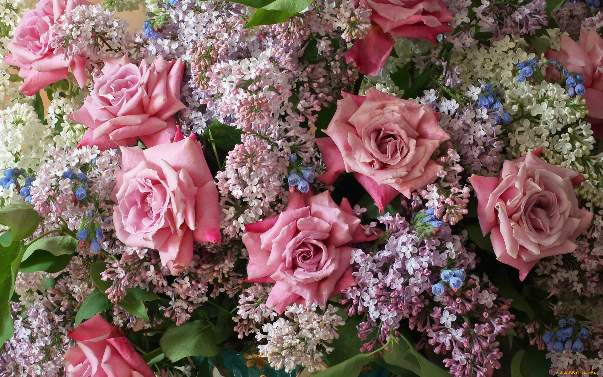 цветы, разные, вместе, розы, сирень