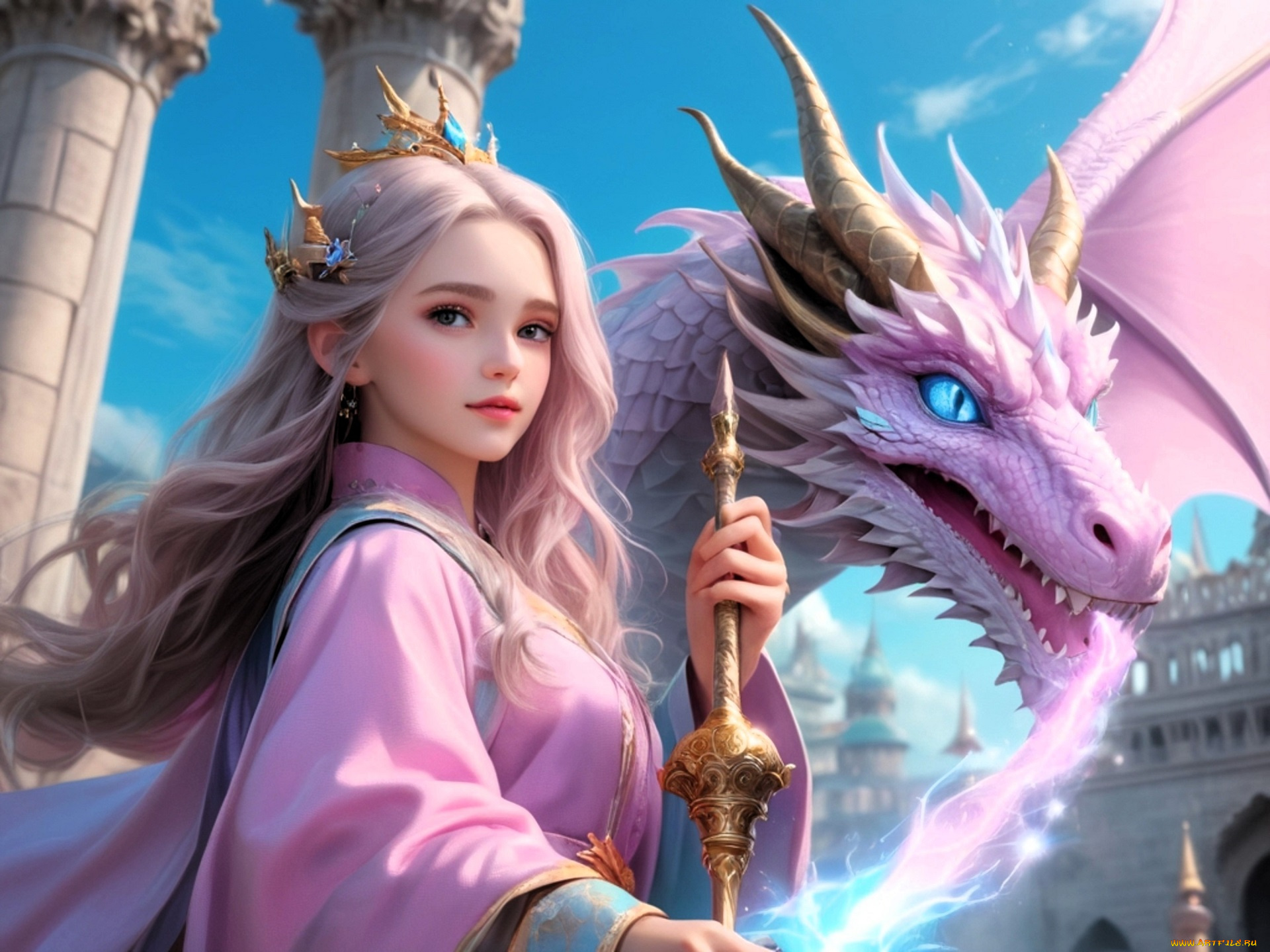 3д, графика, аниме, , anime, девушка, посох, дракон, колонны, нейросеть