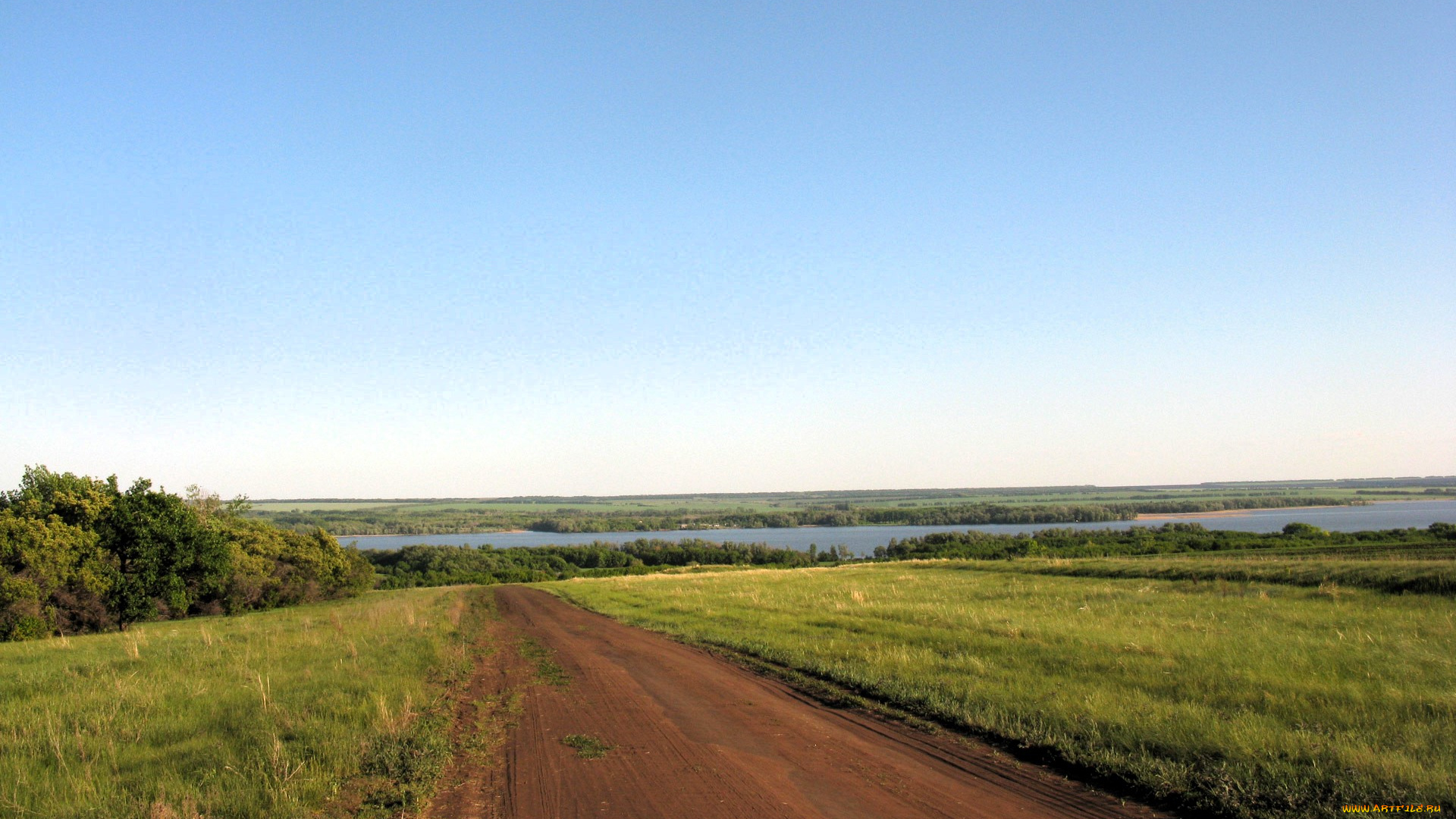 природа, дороги, небо, река, луга, деревья, дорога