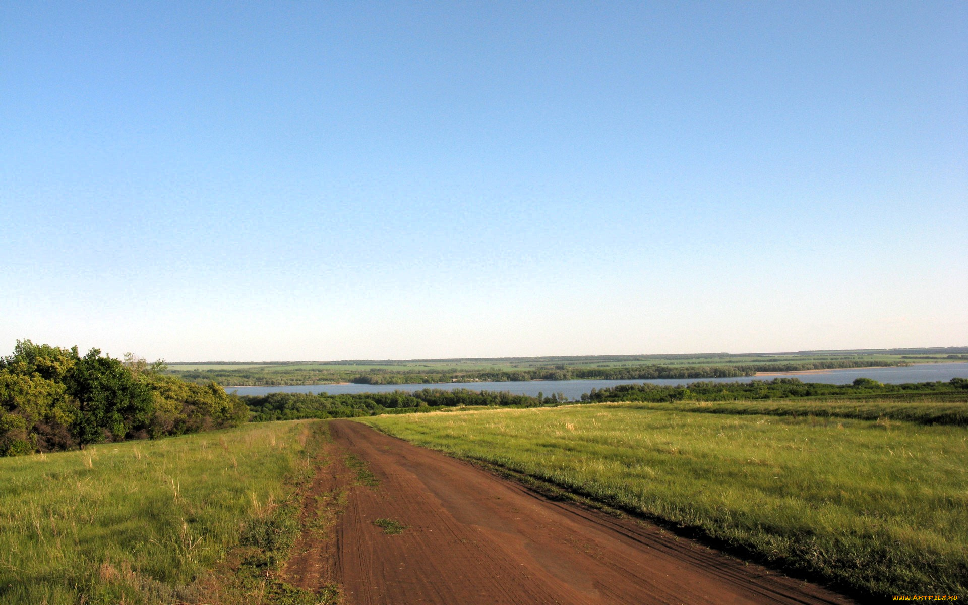 природа, дороги, небо, река, луга, деревья, дорога