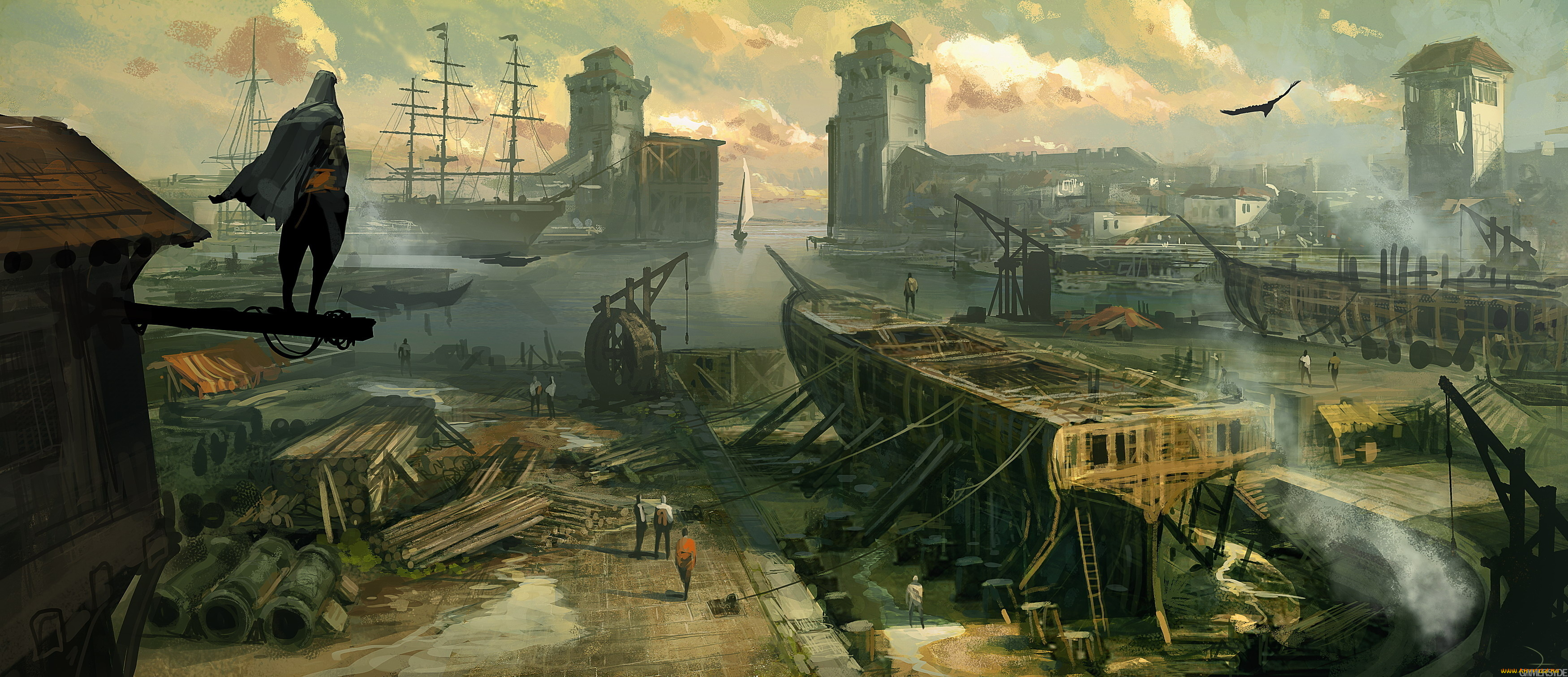 assassin`s, creed, revelations, видео, игры, эцио, город, кораблестроение, корабли, парусник