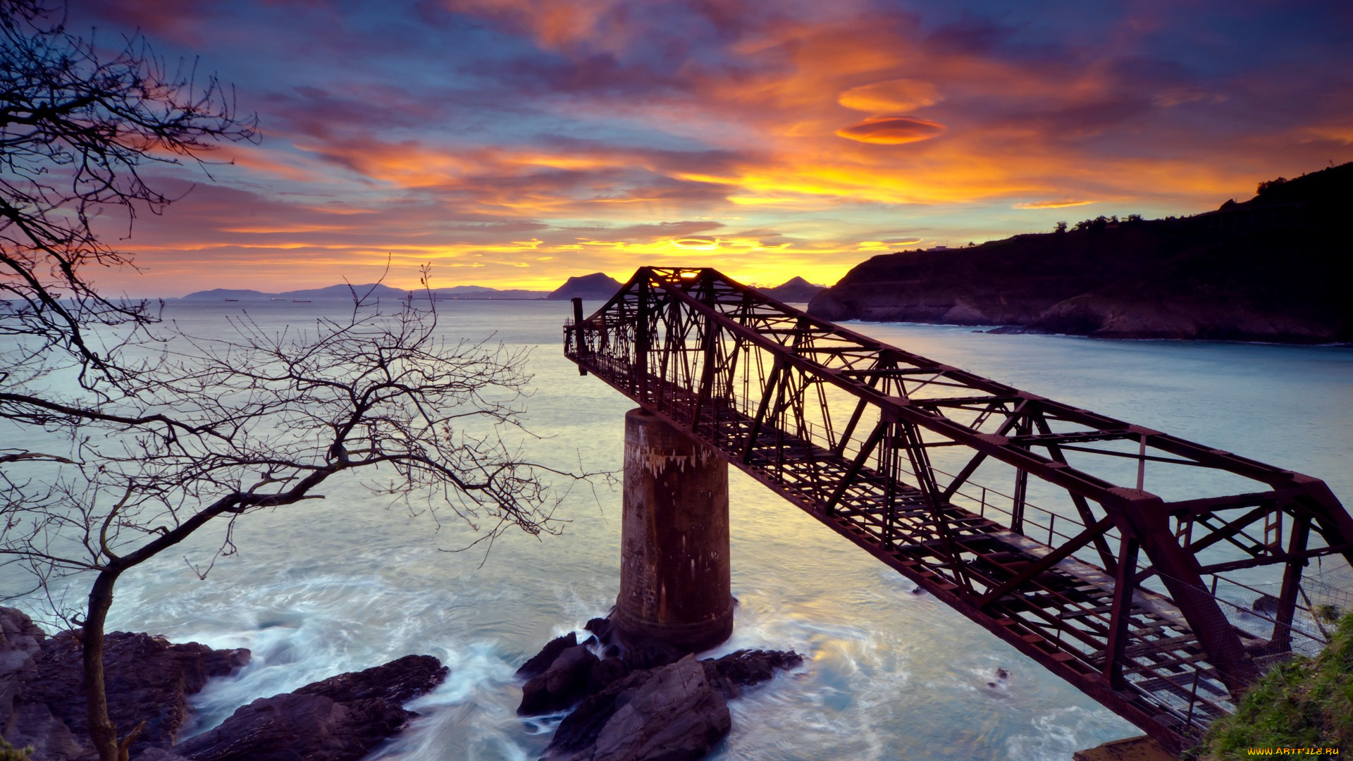 sea, bridge, природа, восходы, закаты, облака, мост, берег, море