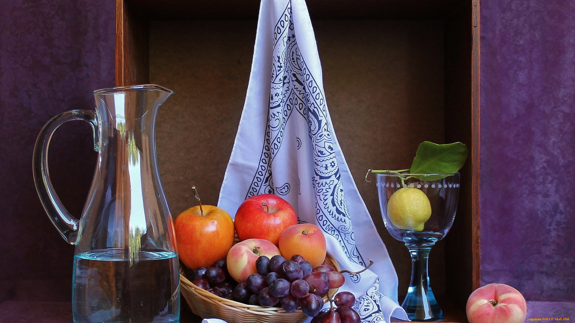 еда, фрукты, ягоды, персики, лимон, кувшин, виноград, яблоки