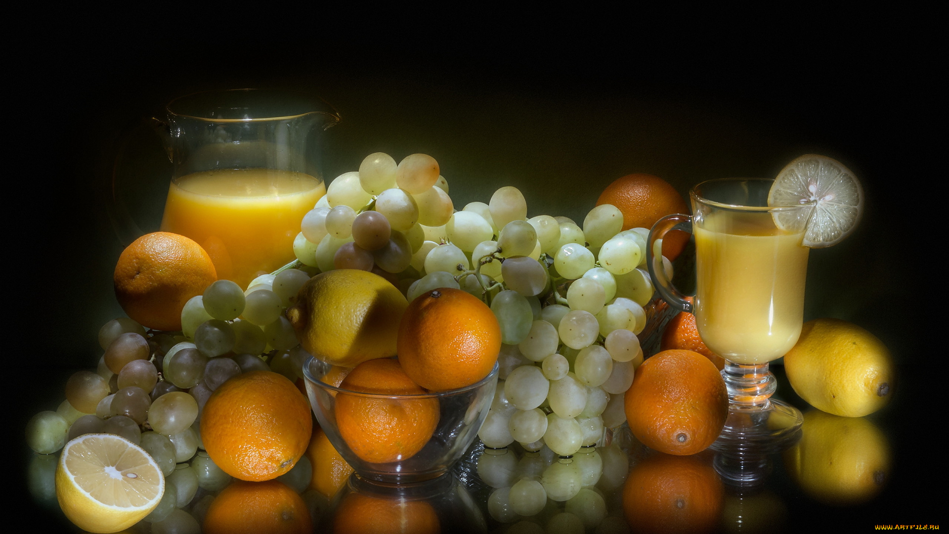 еда, напитки, сок, графин, бокал, лимон, апельсины, виноград