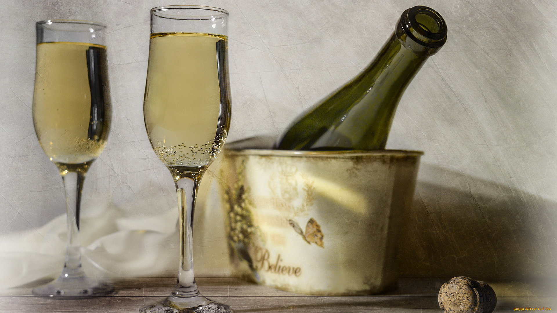 еда, напитки, вино, ведерко, бутылка, бокалы, шампанское, пробка