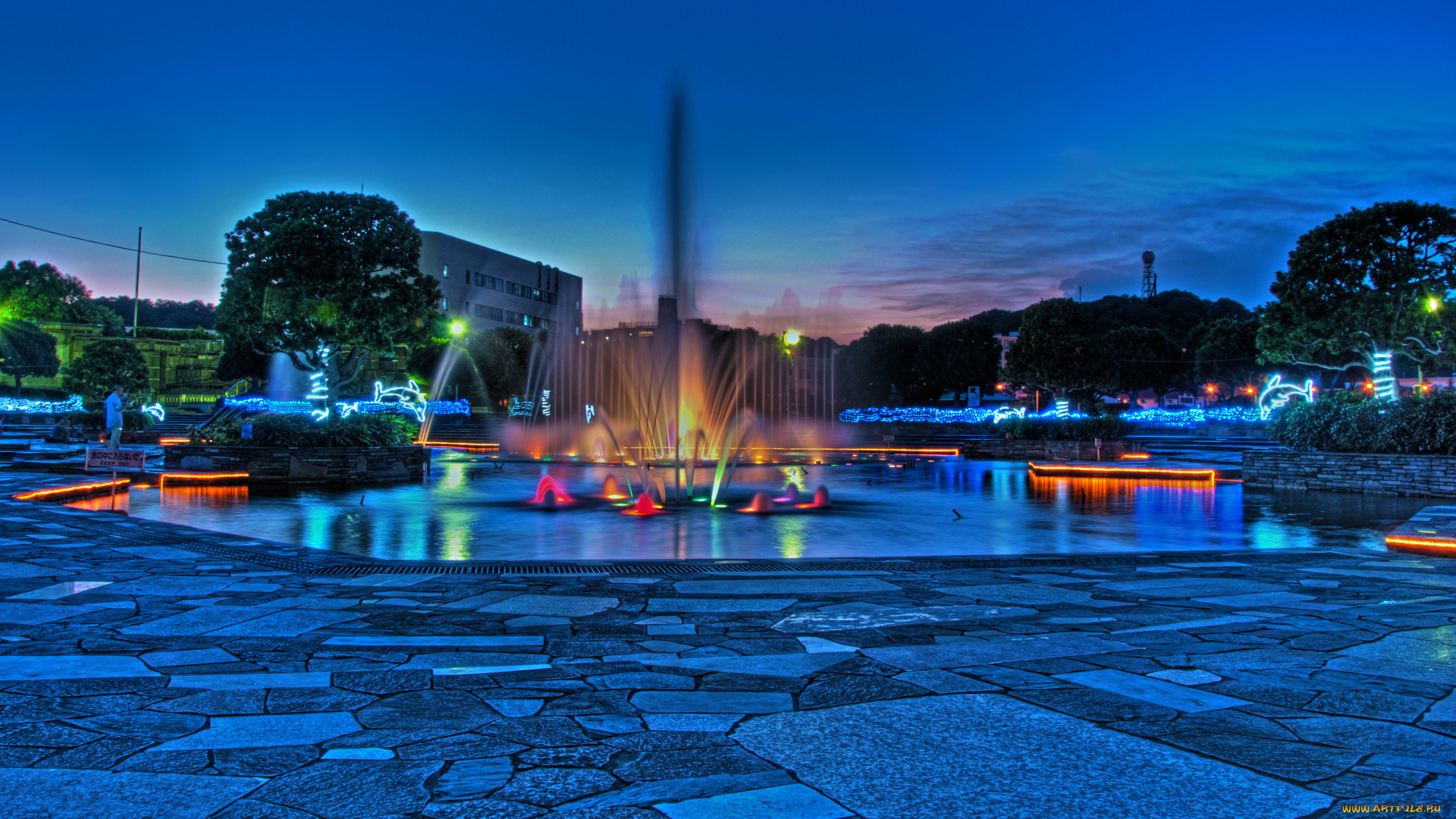 города, фонтаны, фонтан, дерево