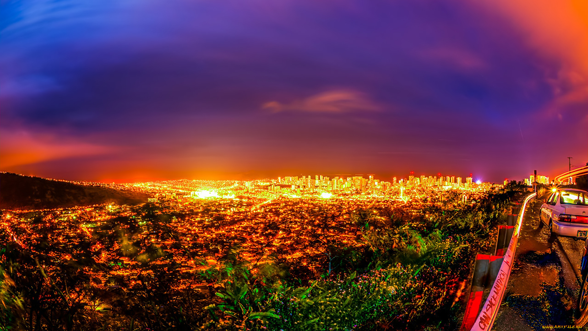 города, огни, ночного, закат, honolulu, hawaii