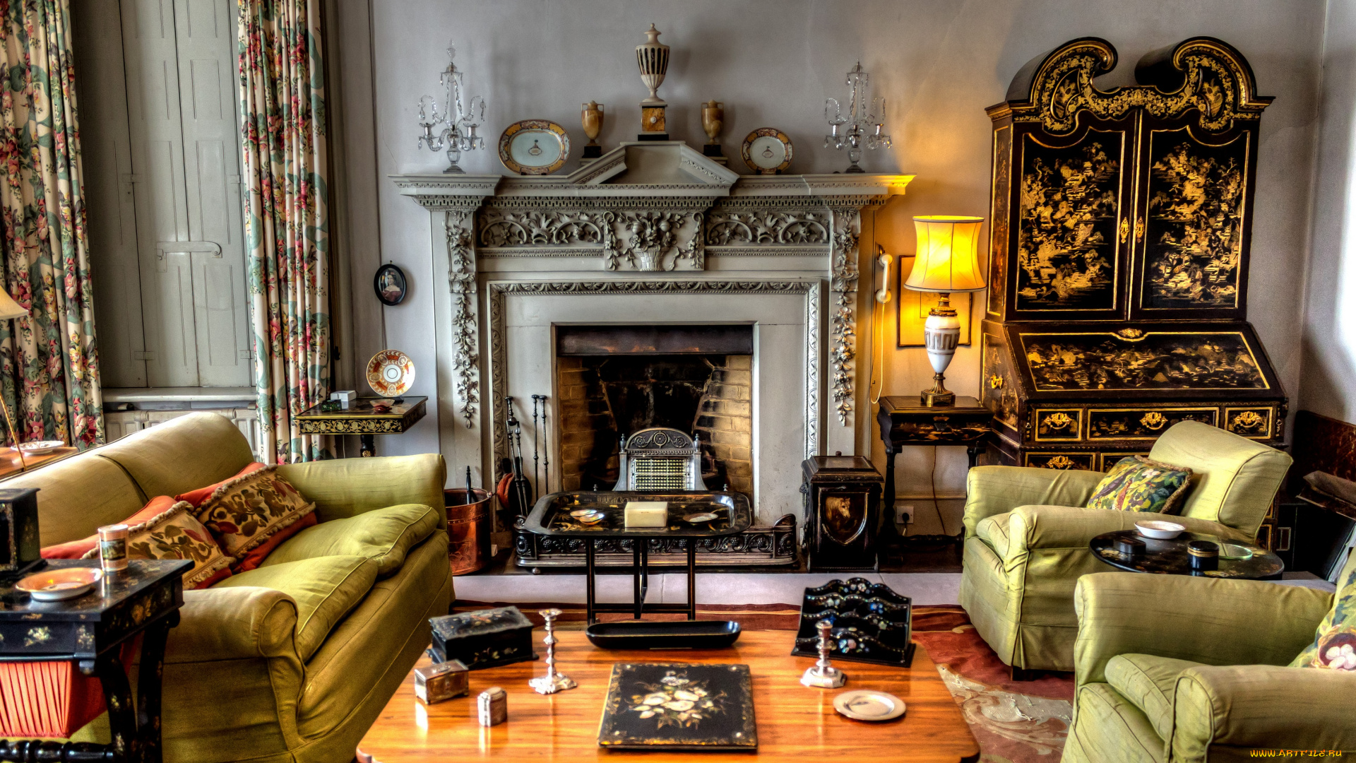 интерьер, гостиная, камин