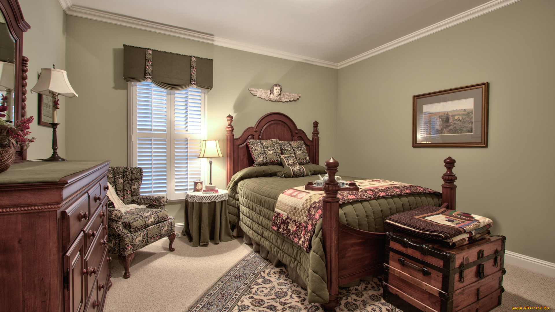 интерьер, спальня, кресло, комод, кровать