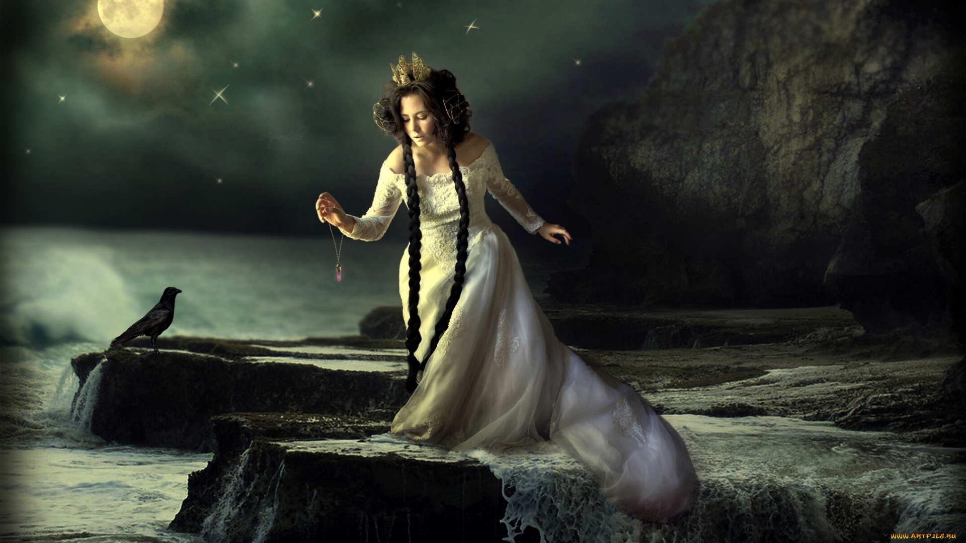 разное, компьютерный, дизайн, девушка, принцесса, море, скала, птица, ворон, ночь, луна, медальон