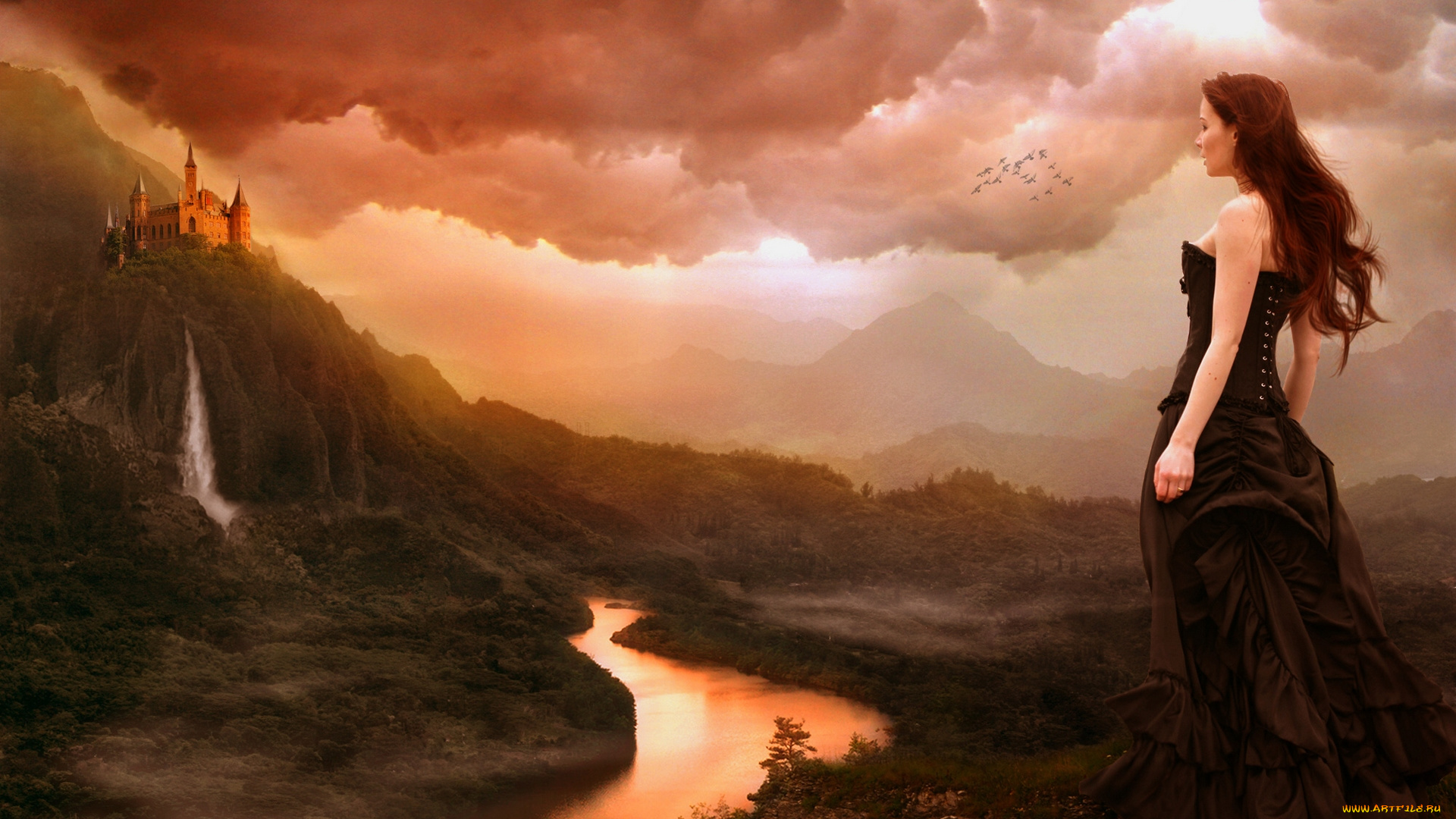 разное, компьютерный, дизайн, водопад, замок, девушка, река, пейзаж, горы, облака, птицы
