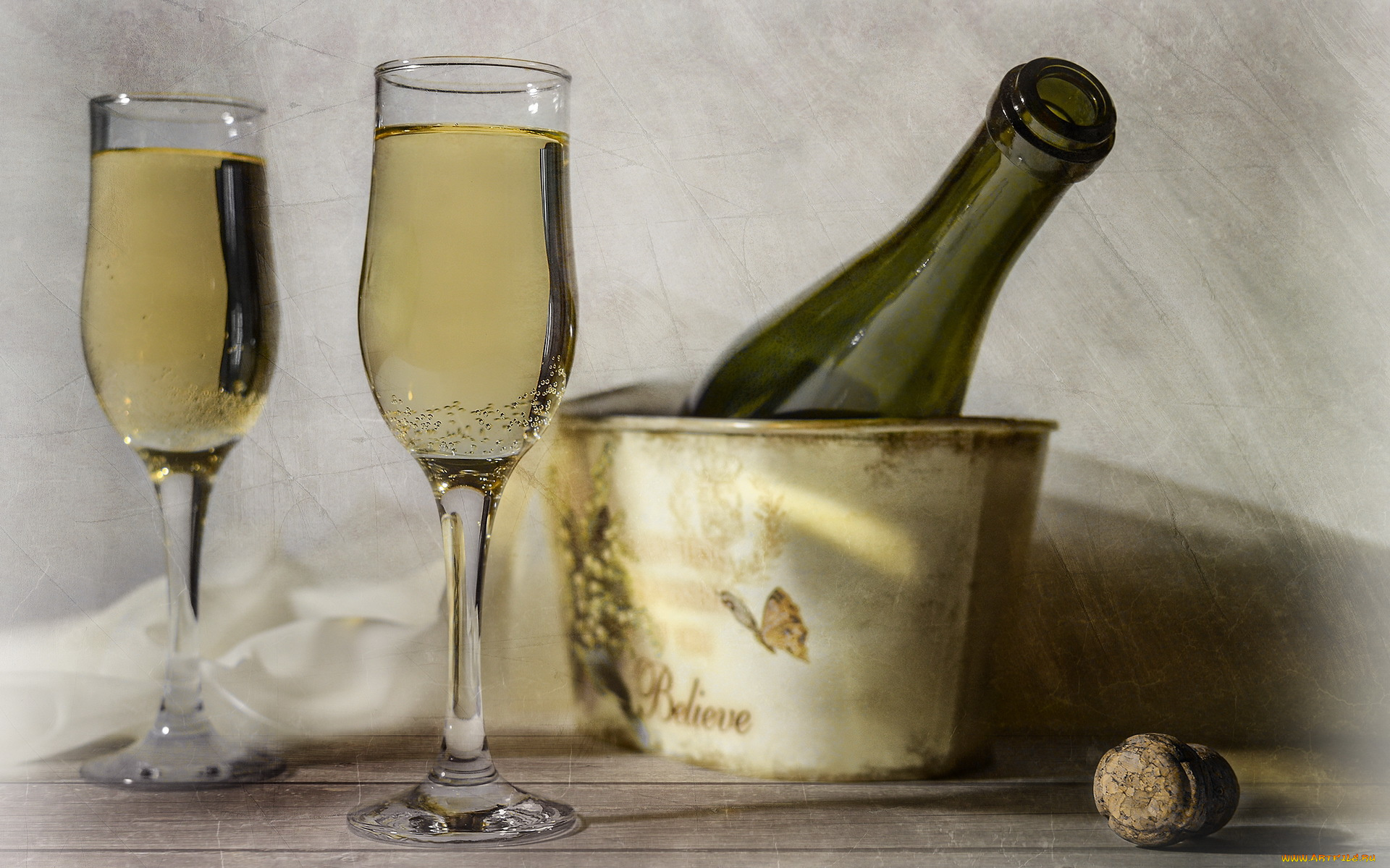 еда, напитки, вино, ведерко, бутылка, бокалы, шампанское, пробка