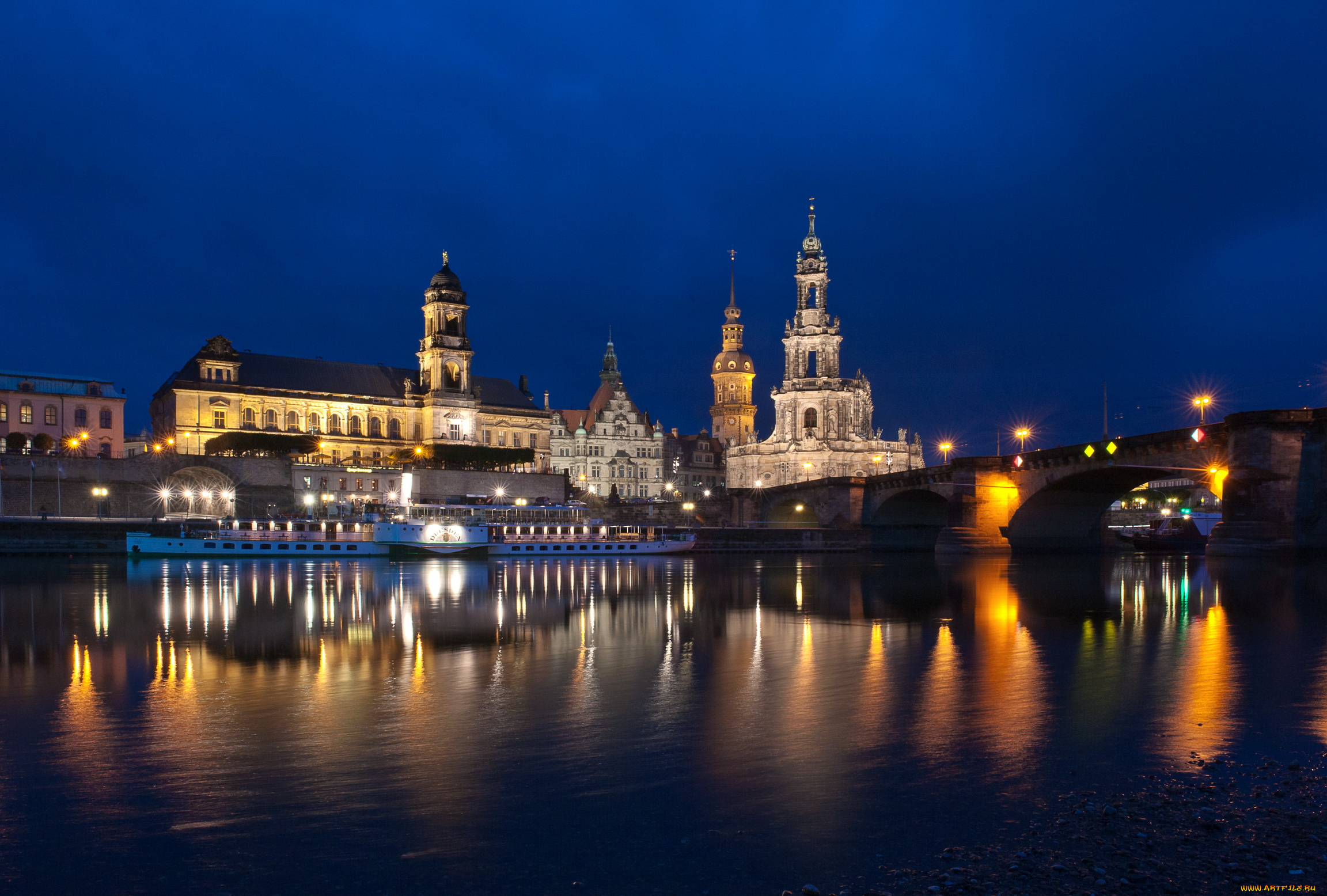 германия, дрезден, города, ночь, река, дома, огни, мост