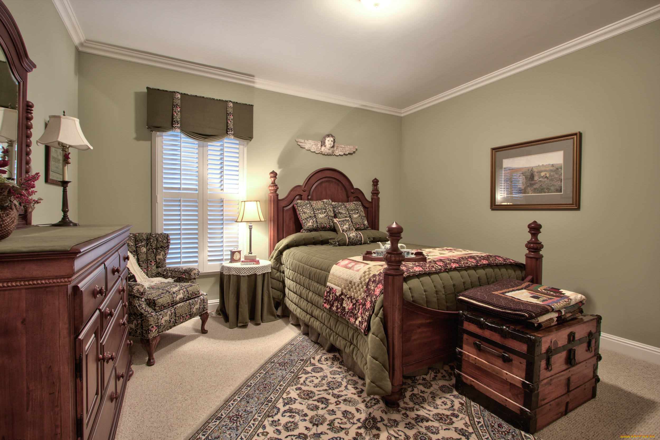 интерьер, спальня, кресло, комод, кровать