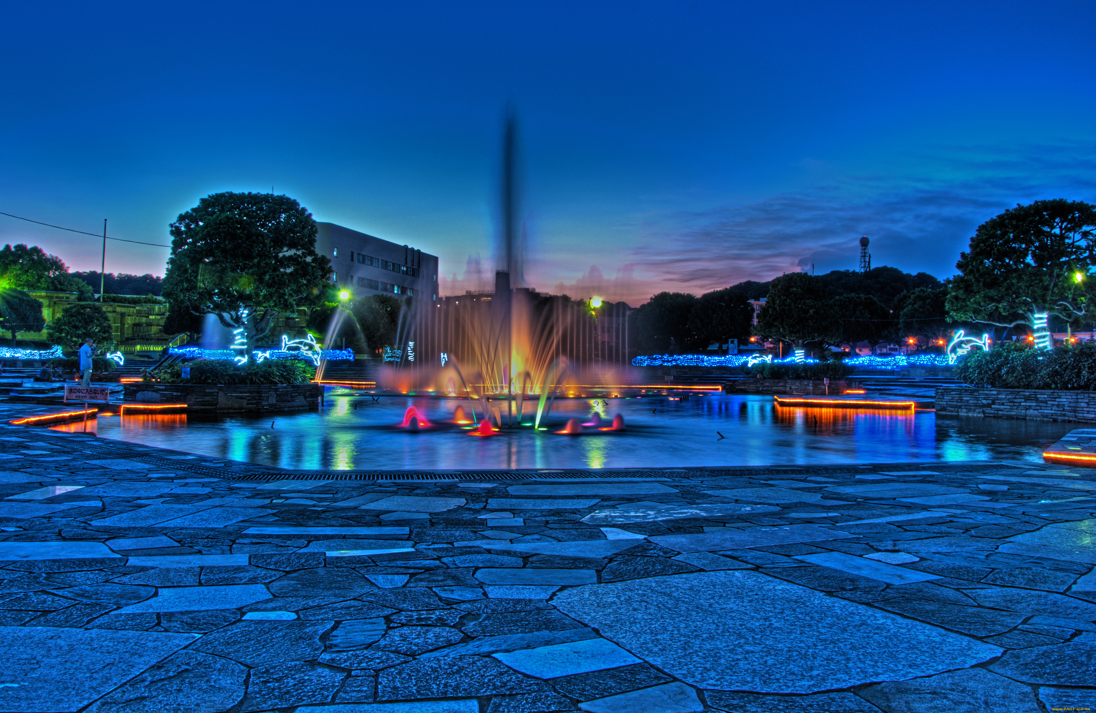 города, фонтаны, фонтан, дерево