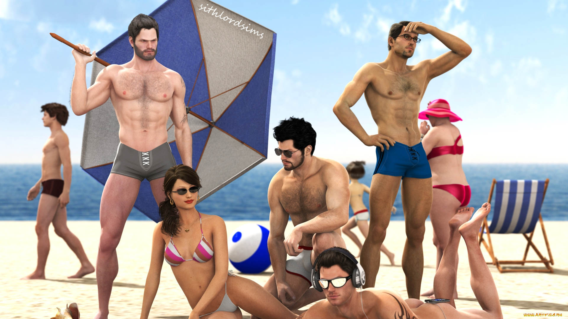 3д, графика, люди, , people, пляж, девушка, мужчины