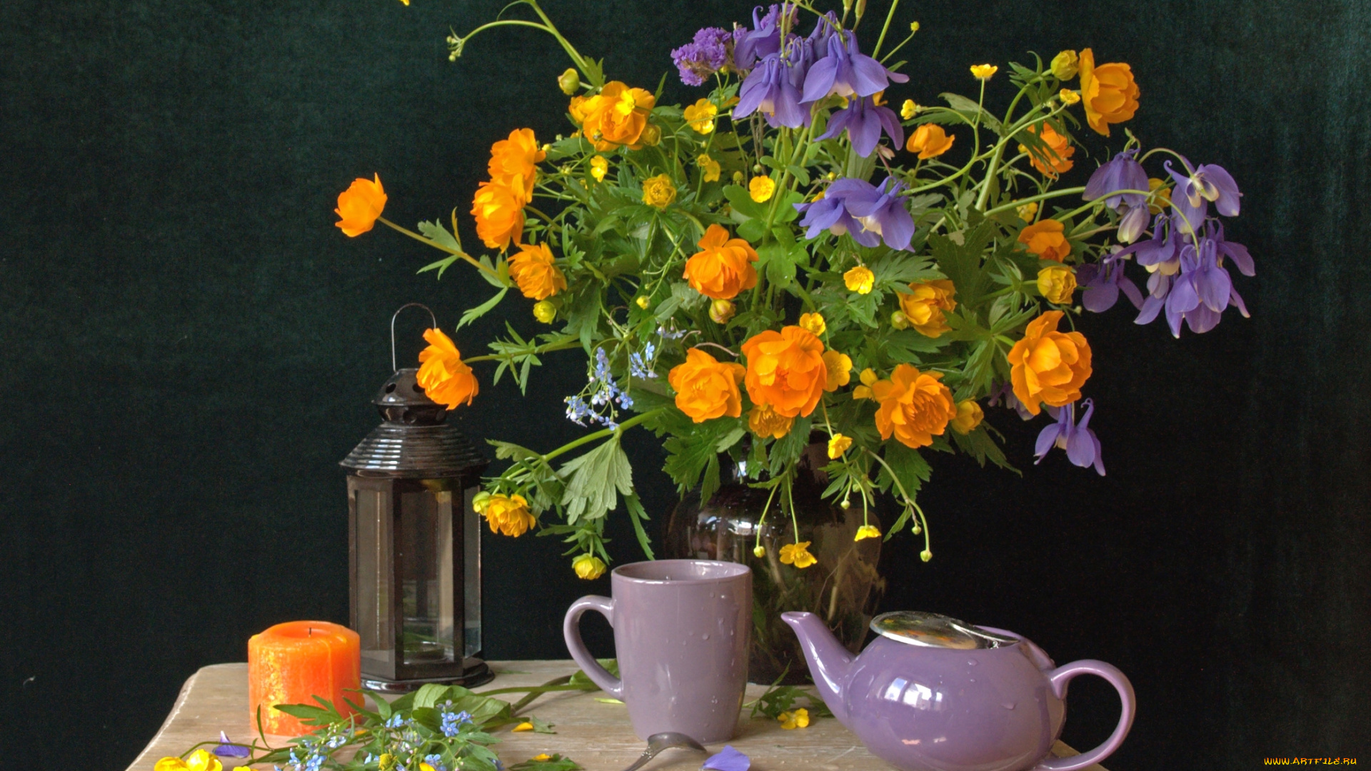 цветы, букеты, , композиции, аквилегия, калужницы