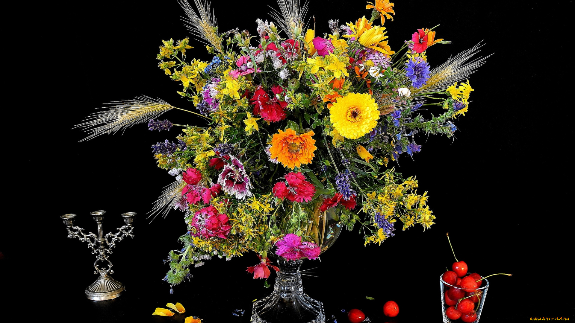 цветы, луговые, , полевые, , цветы, васильки, колоски, гвоздика, вишня