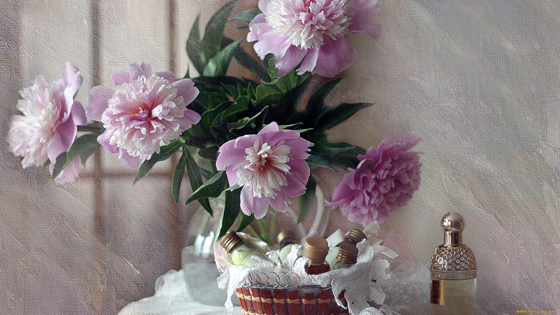 цветы, пионы, текстура, духи, букет