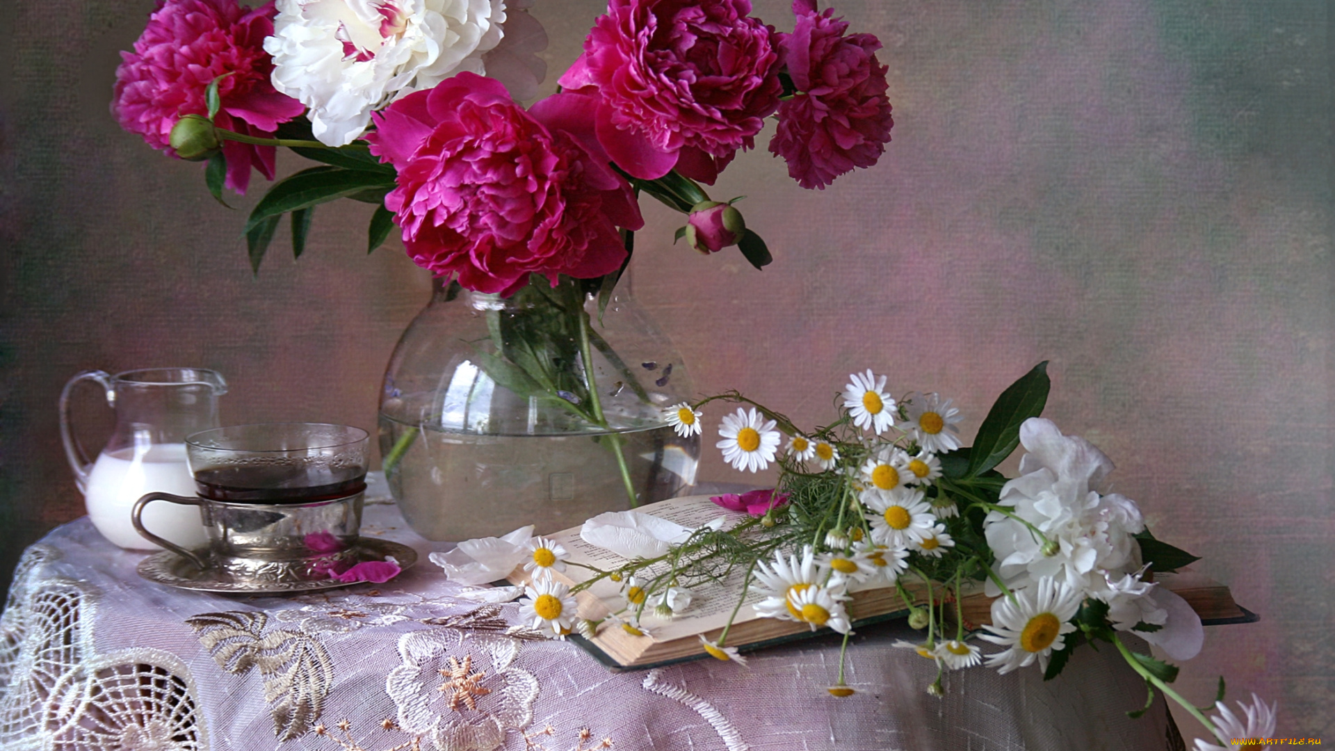 цветы, разные, вместе, ромашки, пионы