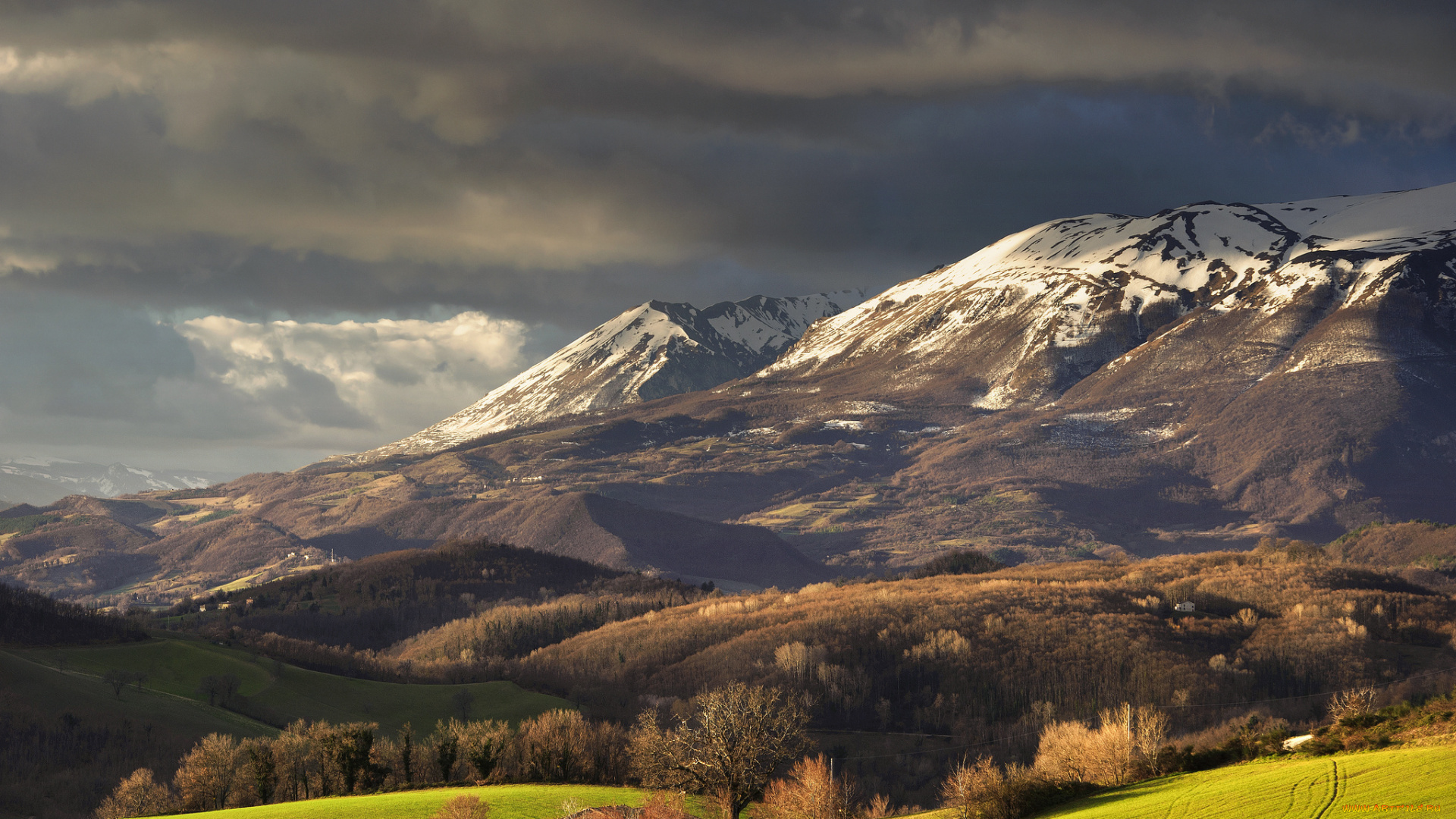 природа, пейзажи, поле, весна, alba, лес, тучи, снег, вершина, горы