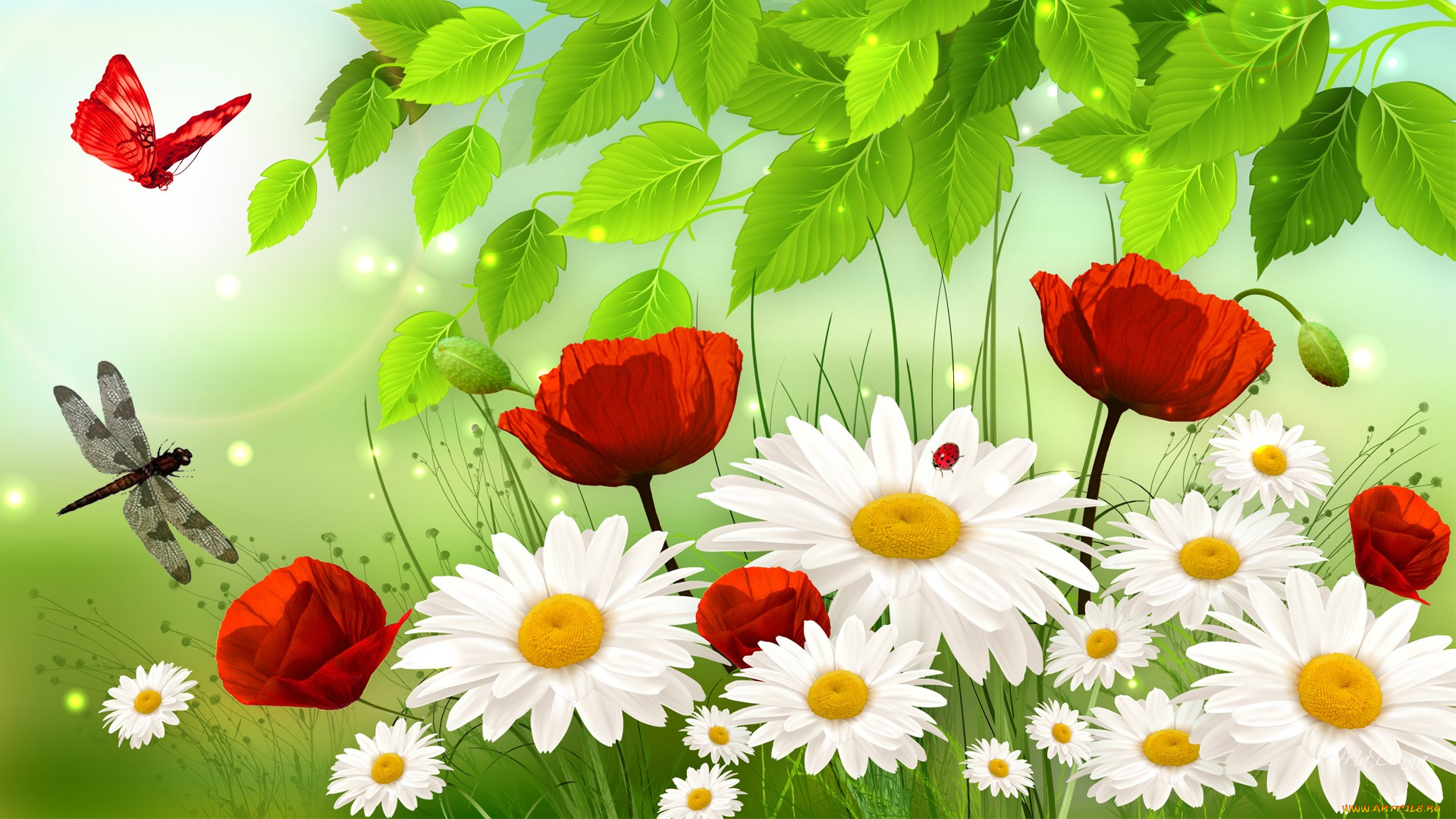 разное, компьютерный, дизайн, бабочка, листья, стрекоза, цветы