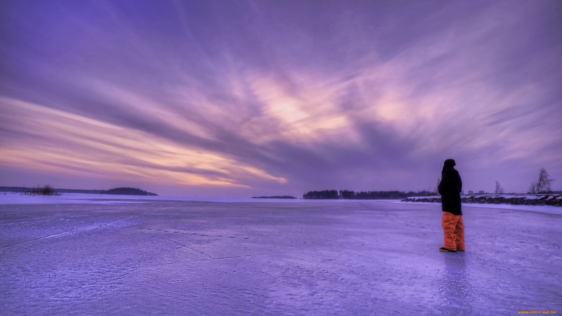 разное, люди, швеция, небо, сиреневое, пейзаж, парень, вечер, озеро, лед, зима
