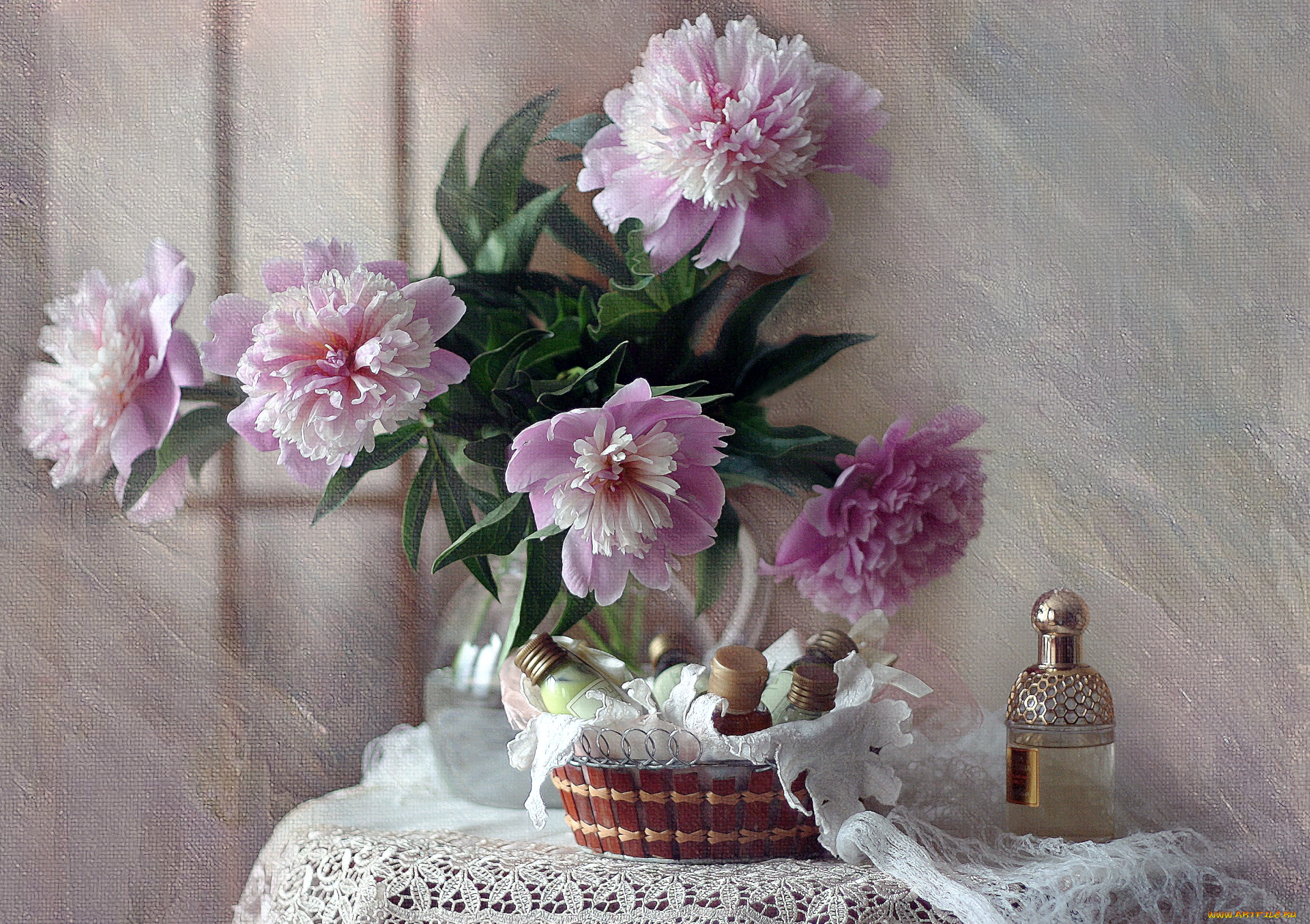 цветы, пионы, текстура, духи, букет