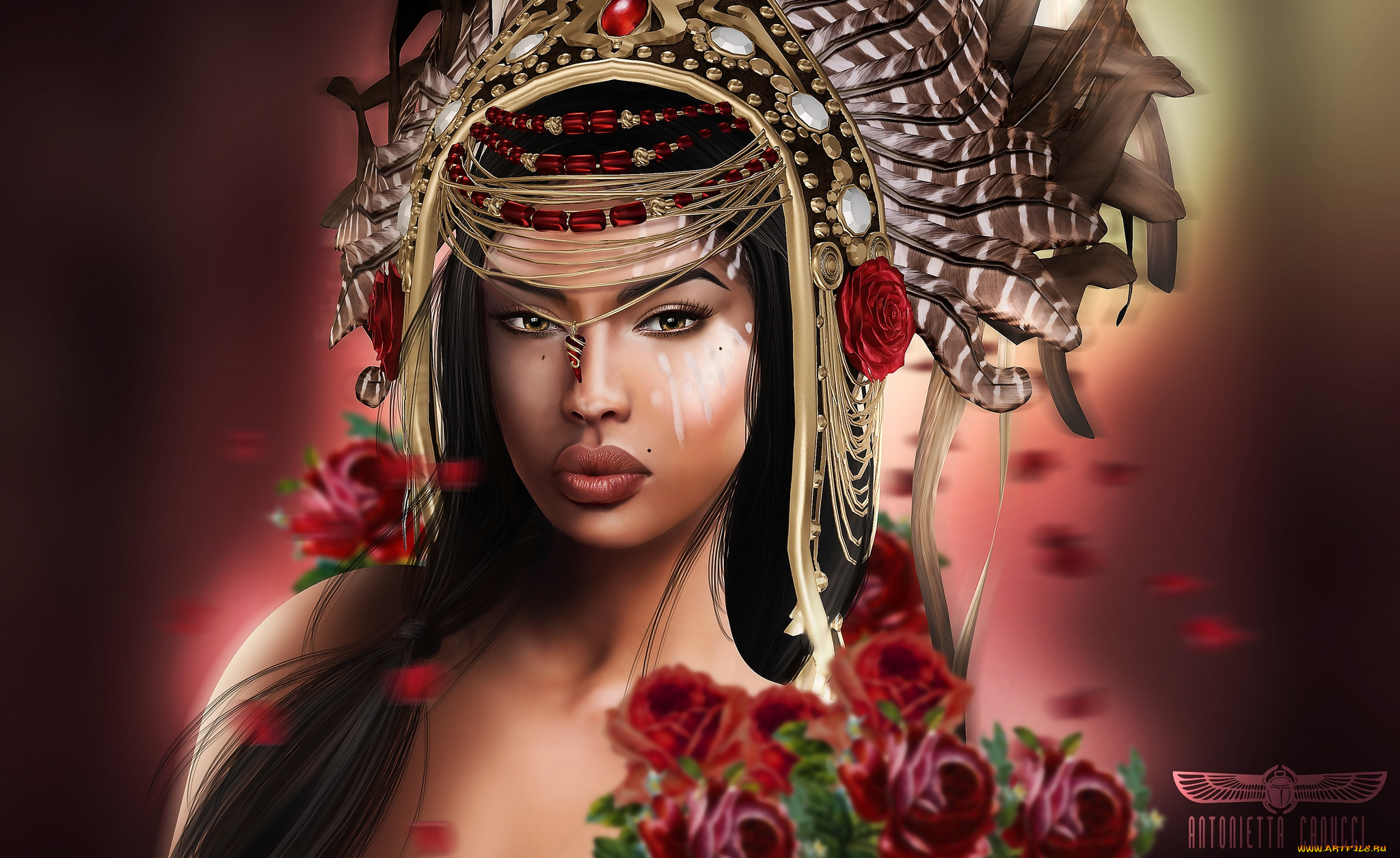 3д, графика, портрет, , portraits, розы, перья