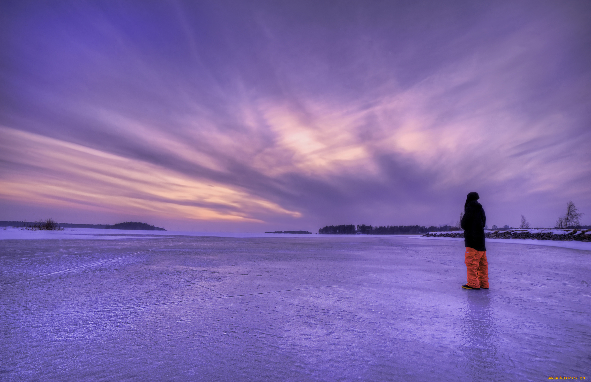 разное, люди, швеция, небо, сиреневое, пейзаж, парень, вечер, озеро, лед, зима