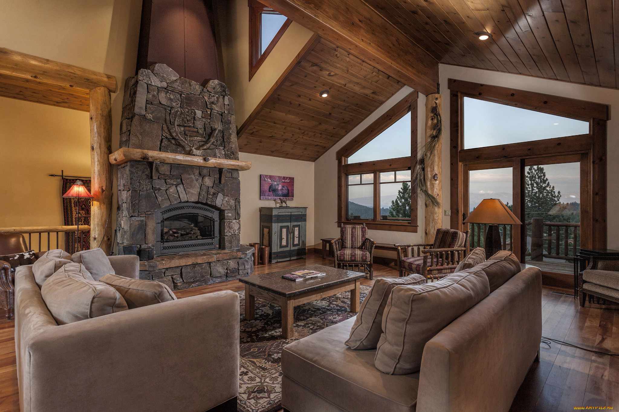 интерьер, гостиная, камин, диваны