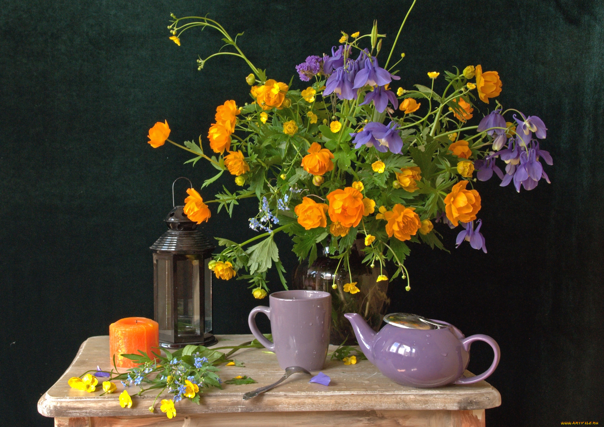 цветы, букеты, , композиции, аквилегия, калужницы