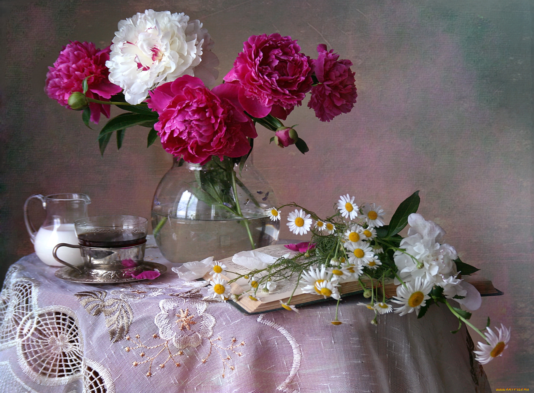 цветы, разные, вместе, ромашки, пионы