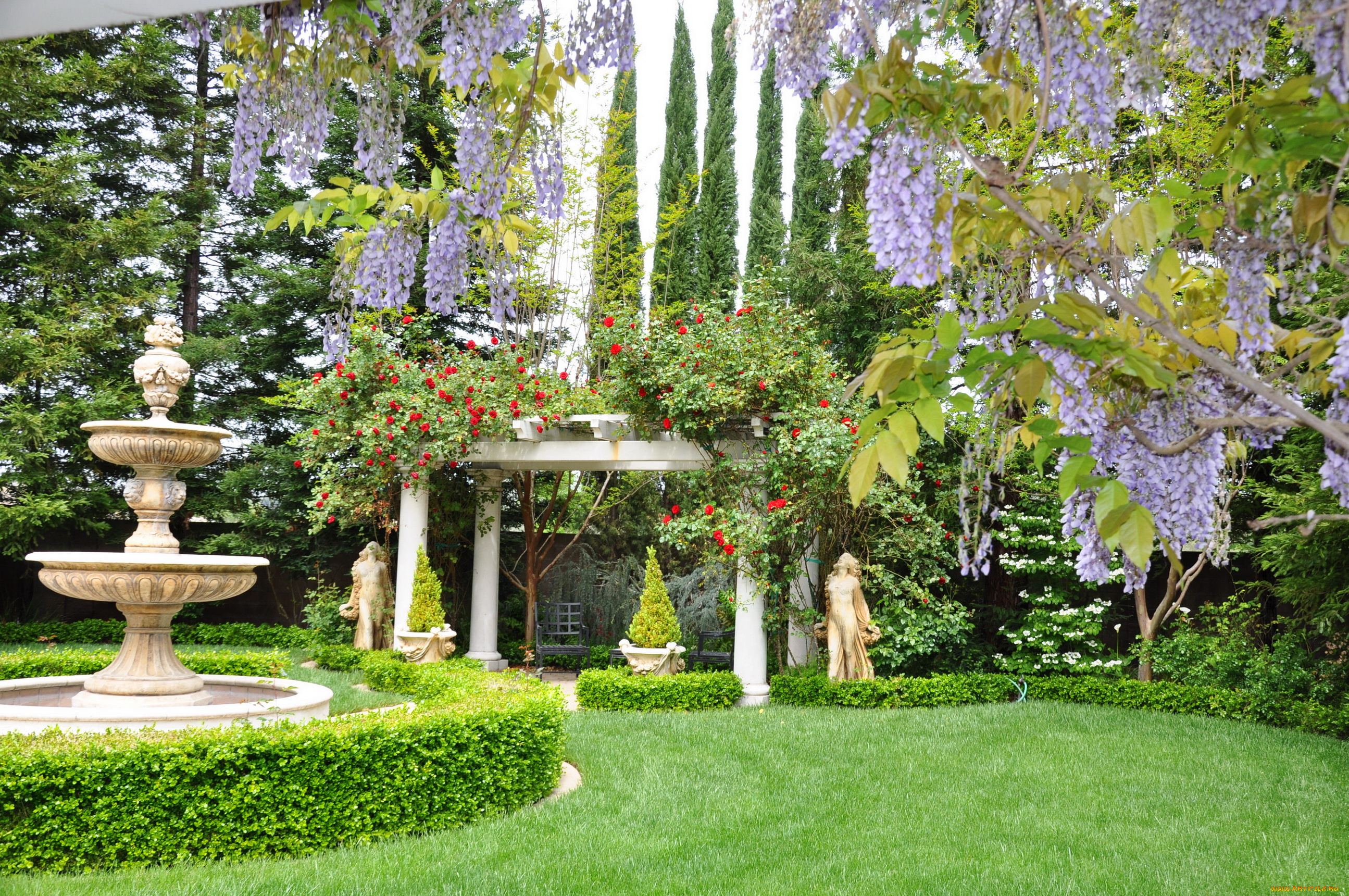 природа, парк, трава, скульптуры, фонтан, розы, глициния