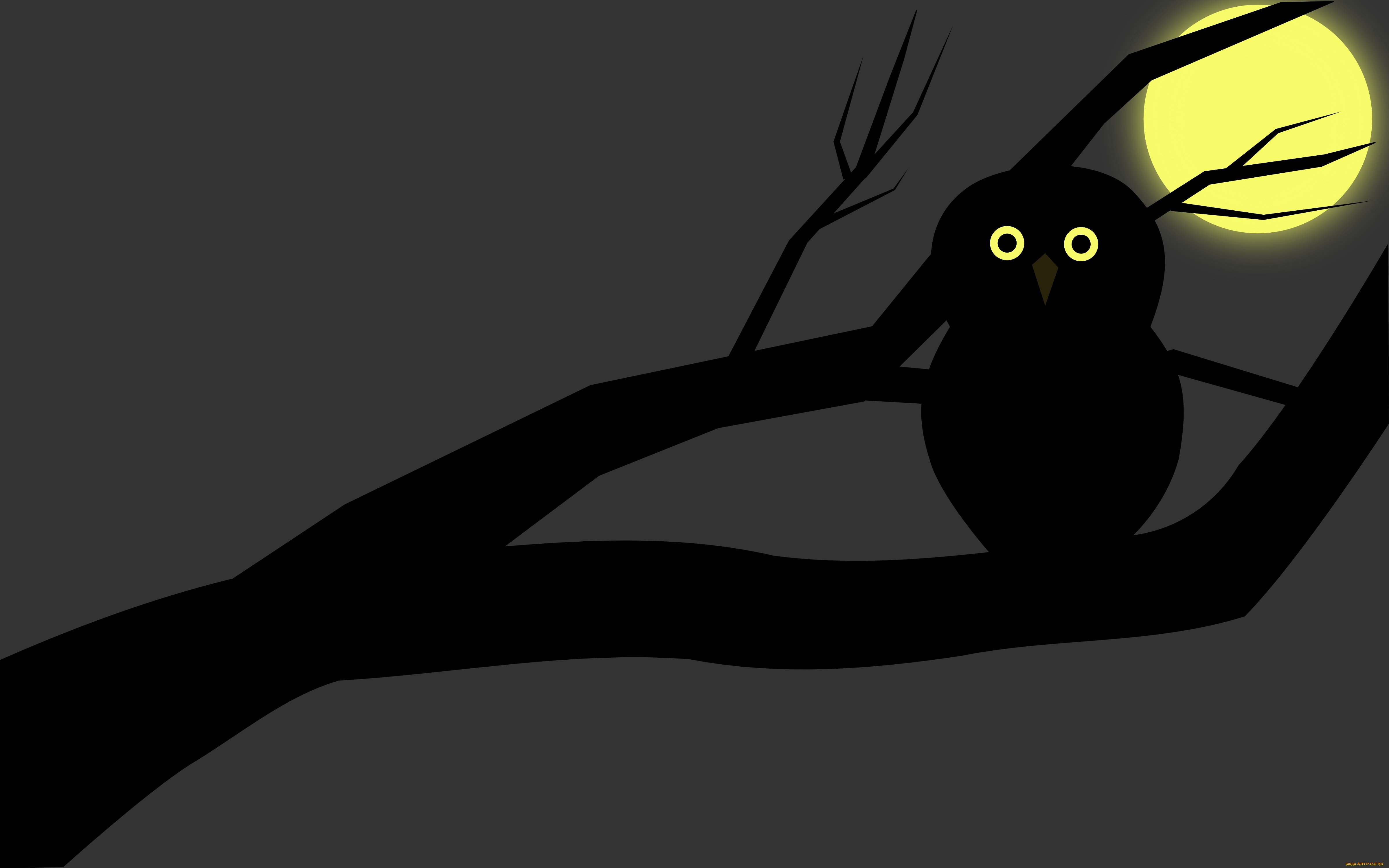 рисованные, минимализм, ветка, луна, ночь, сова