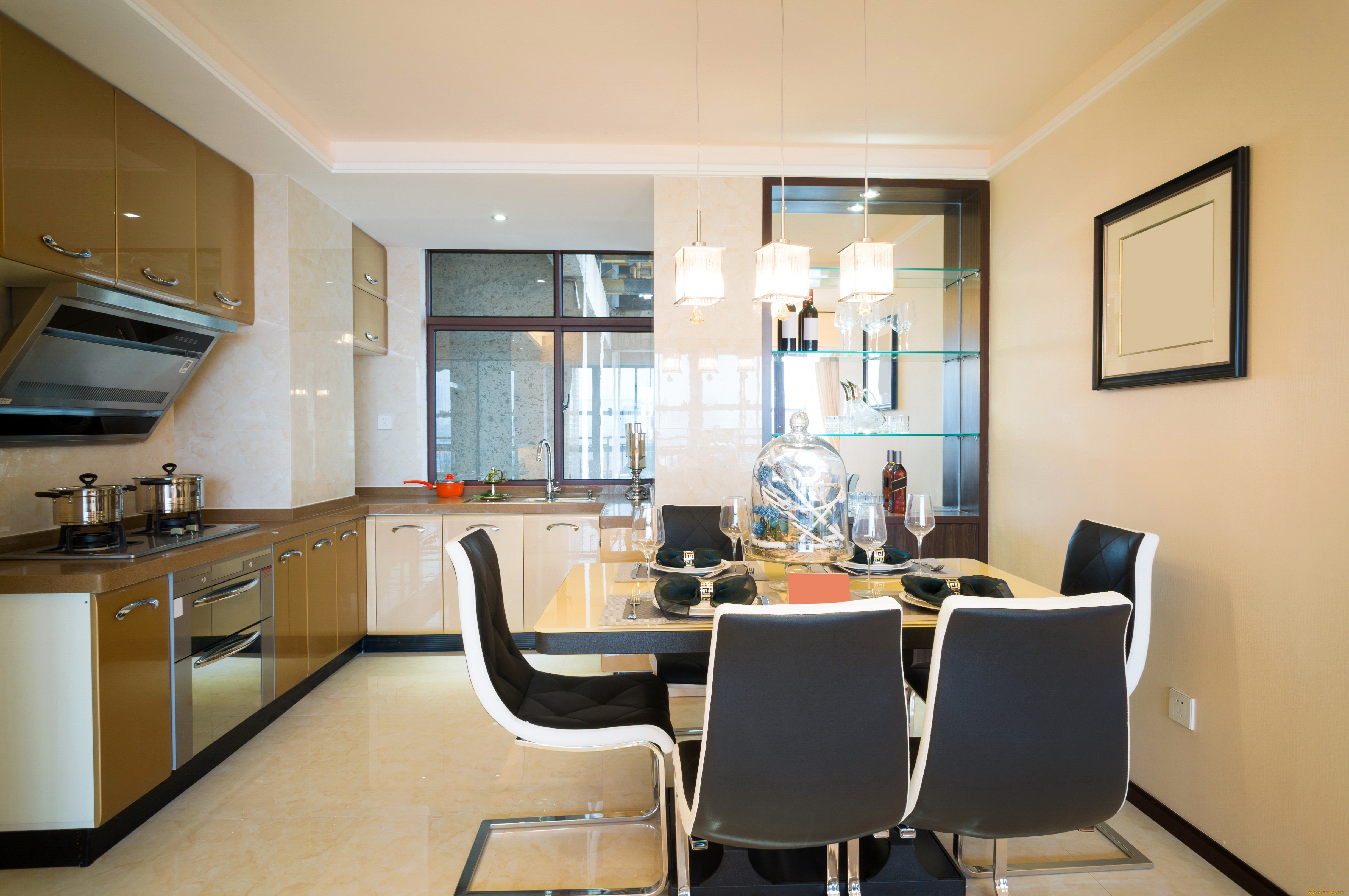 интерьер, кухня, плита, дизайн, мебель, лампа, стулья, стол