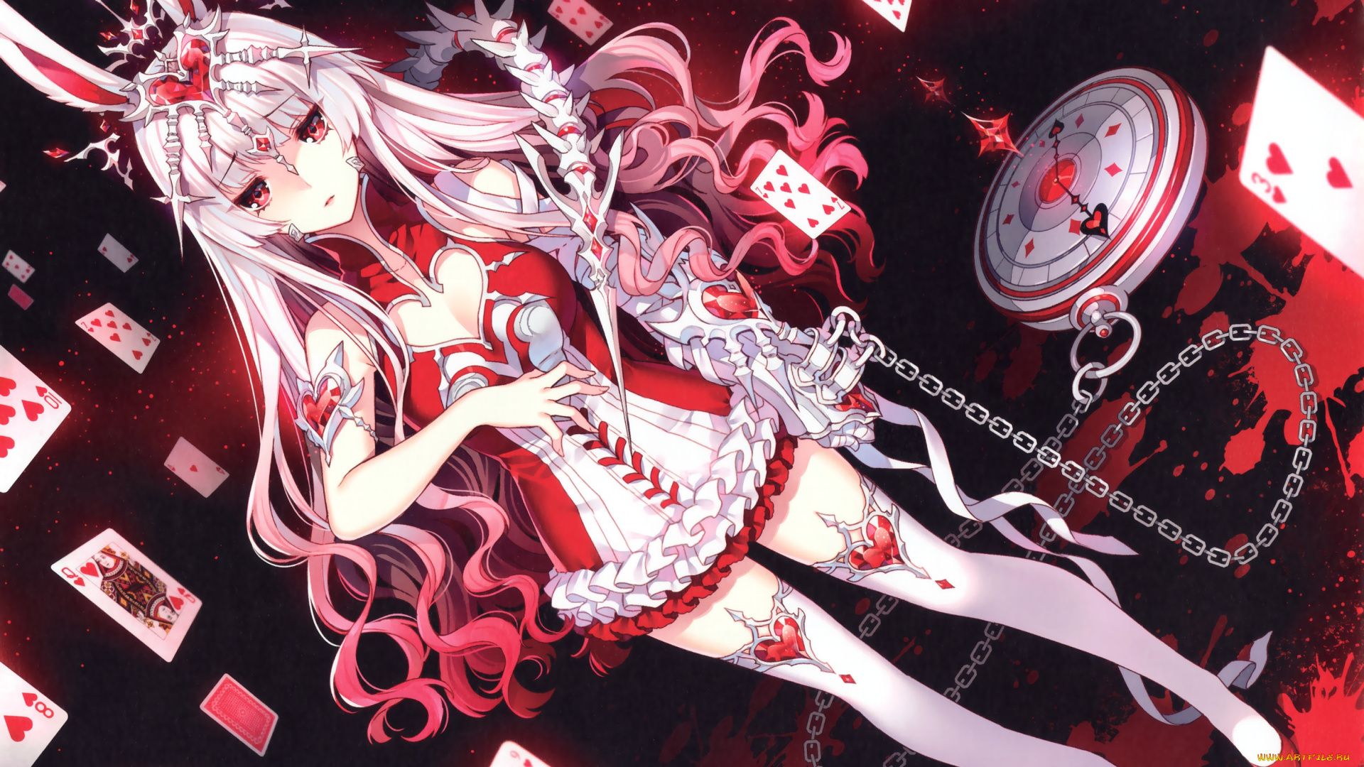 аниме, alice, in, wonderland, alice, in, wonderland, white, rabbit, nardack, арт, девочка, взгляд, карты