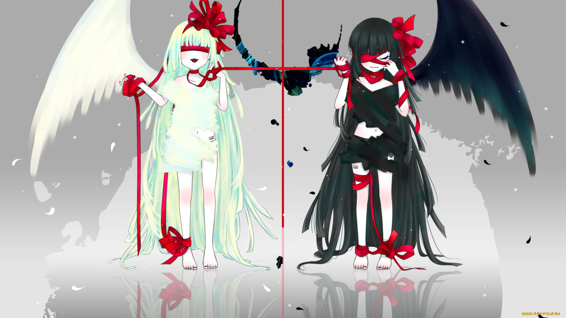 аниме, ангелы, , демоны, 515m, бант, лента, повязка, перья, крылья, улыбка, ангел, демон