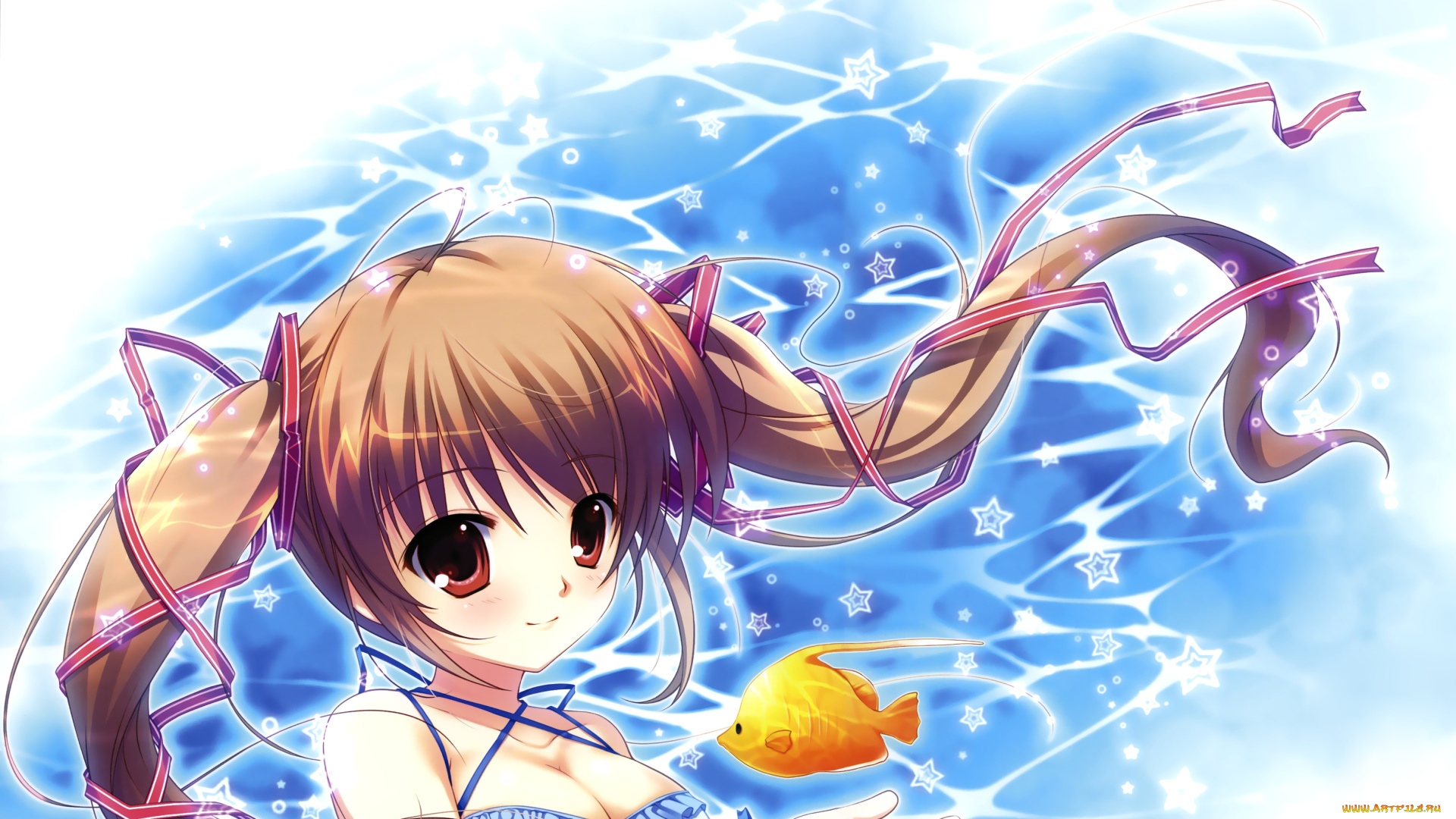аниме, mikeou, , artbook, mikeou, арт, девочка, взгляд, рыбка, звёздочки, вода