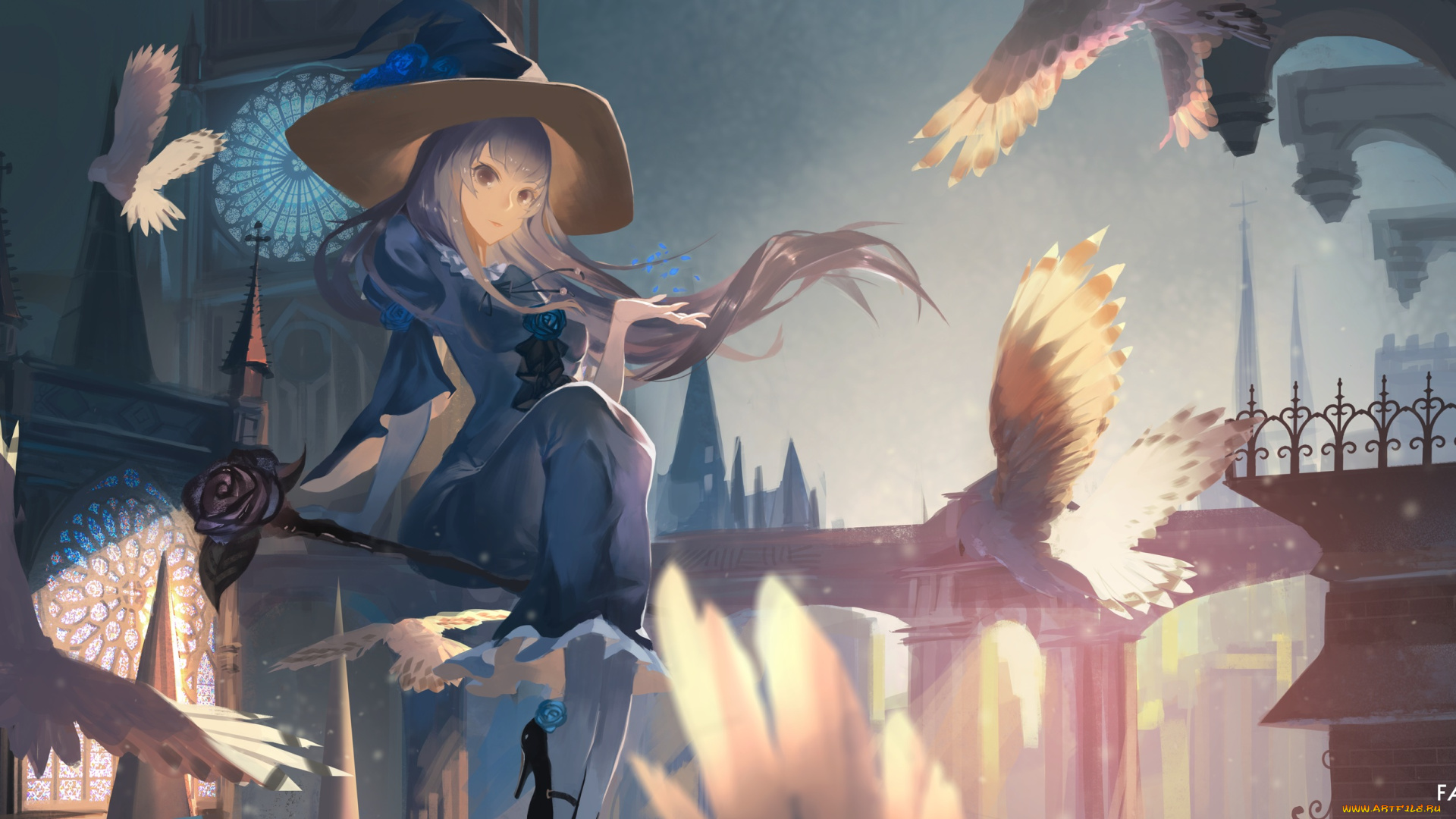 аниме, pixiv, fantasia, девушка, hkj0230, pixiv, fantasia, метла, шляпа, птицы, ведьма