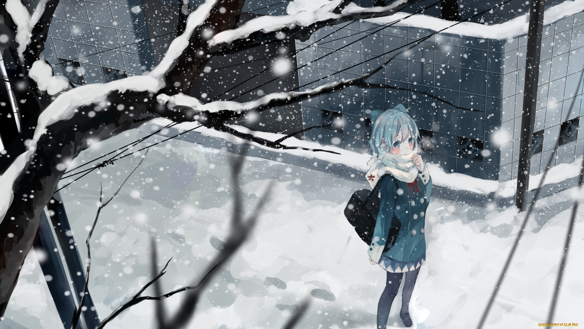 аниме, touhou, сумка, форма, шарф, провода, улица, деревья, здания, город, зима, снег, девушка, cirno, bou, shaku