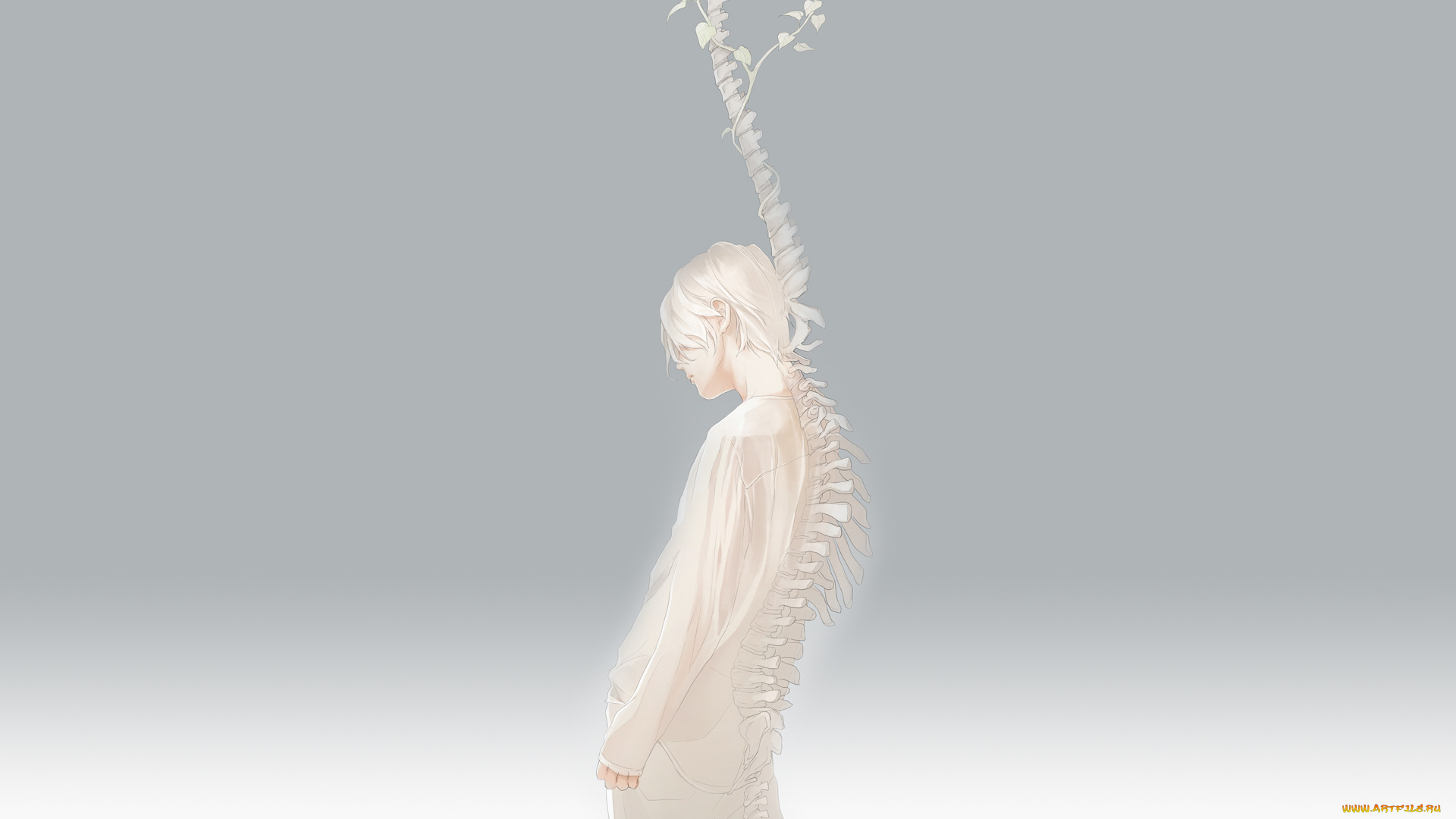 аниме, unknown, , другое, белый, ветки, скелет, спина, re, парень, art