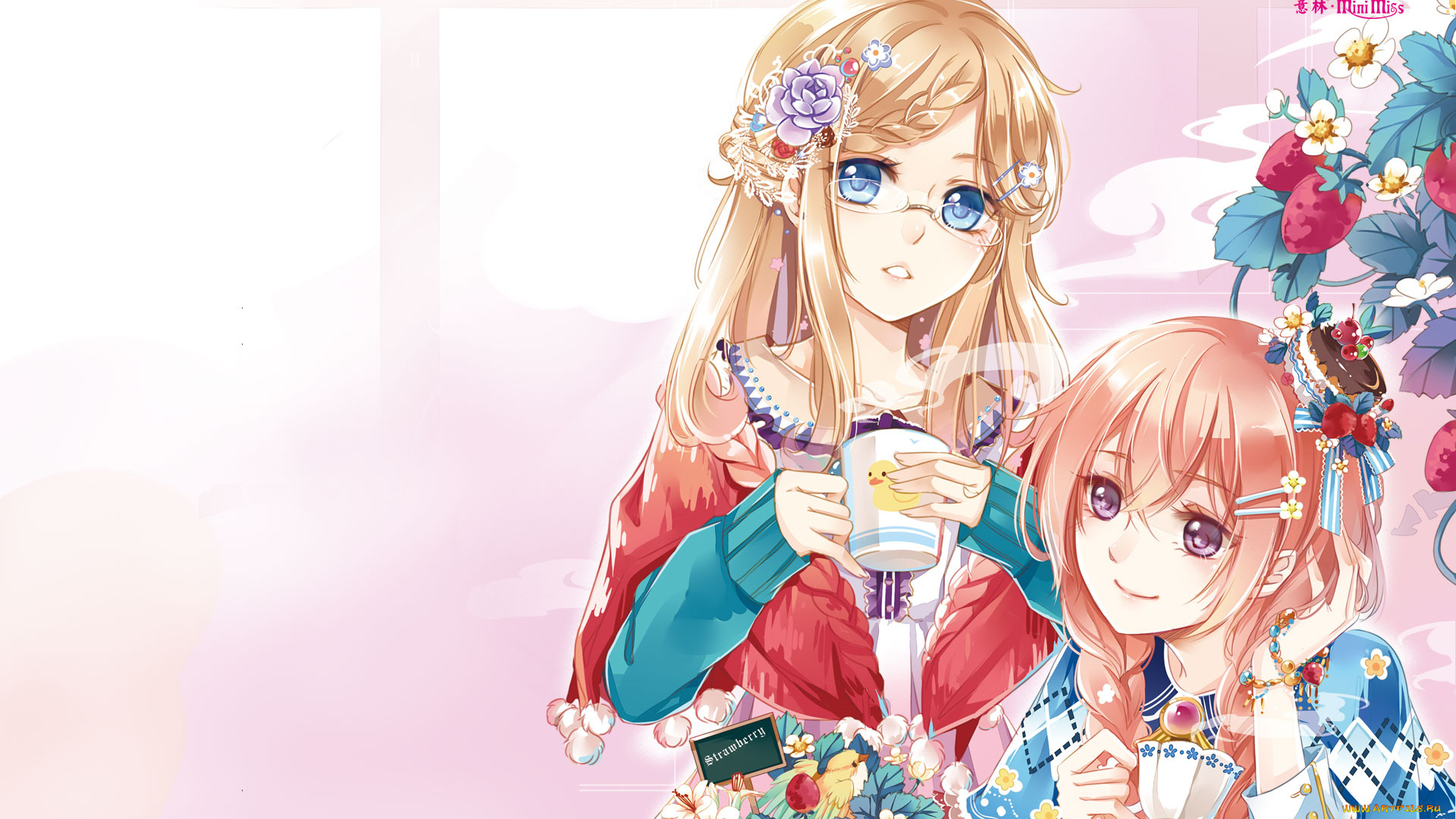 аниме, unknown, , другое, чашки, фон, взгляд, девушки, ягоды