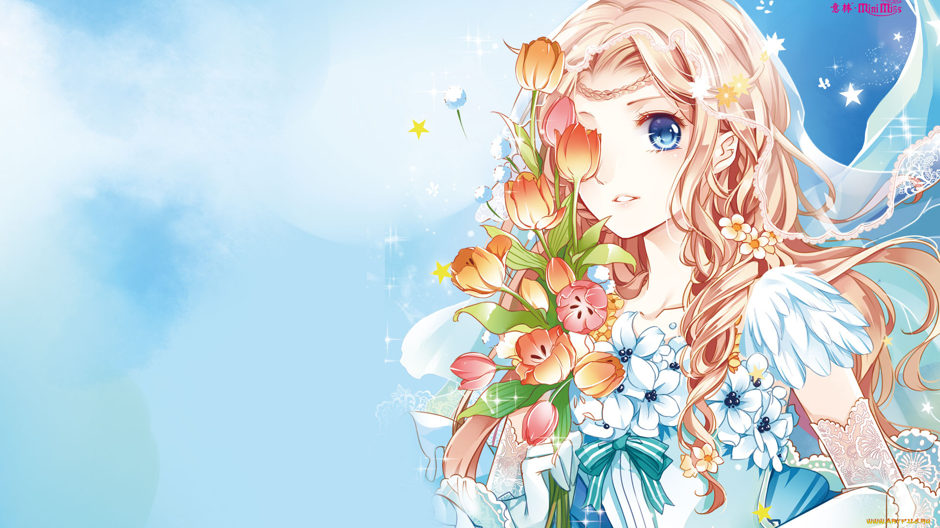 аниме, unknown, , другое, цветы, взгляд, девушка, фон