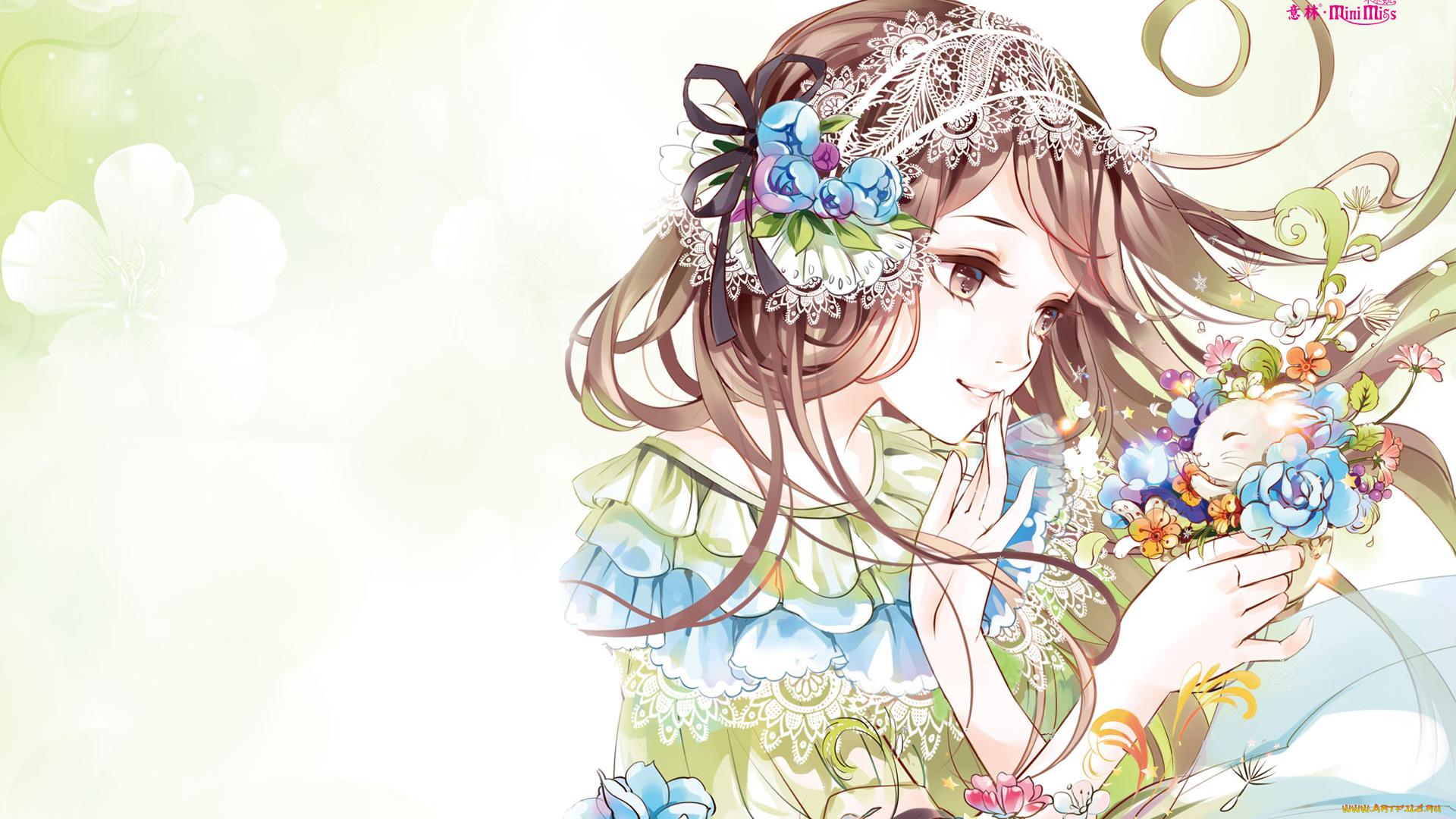 аниме, unknown, , другое, девушка, взгляд, фон, цветы