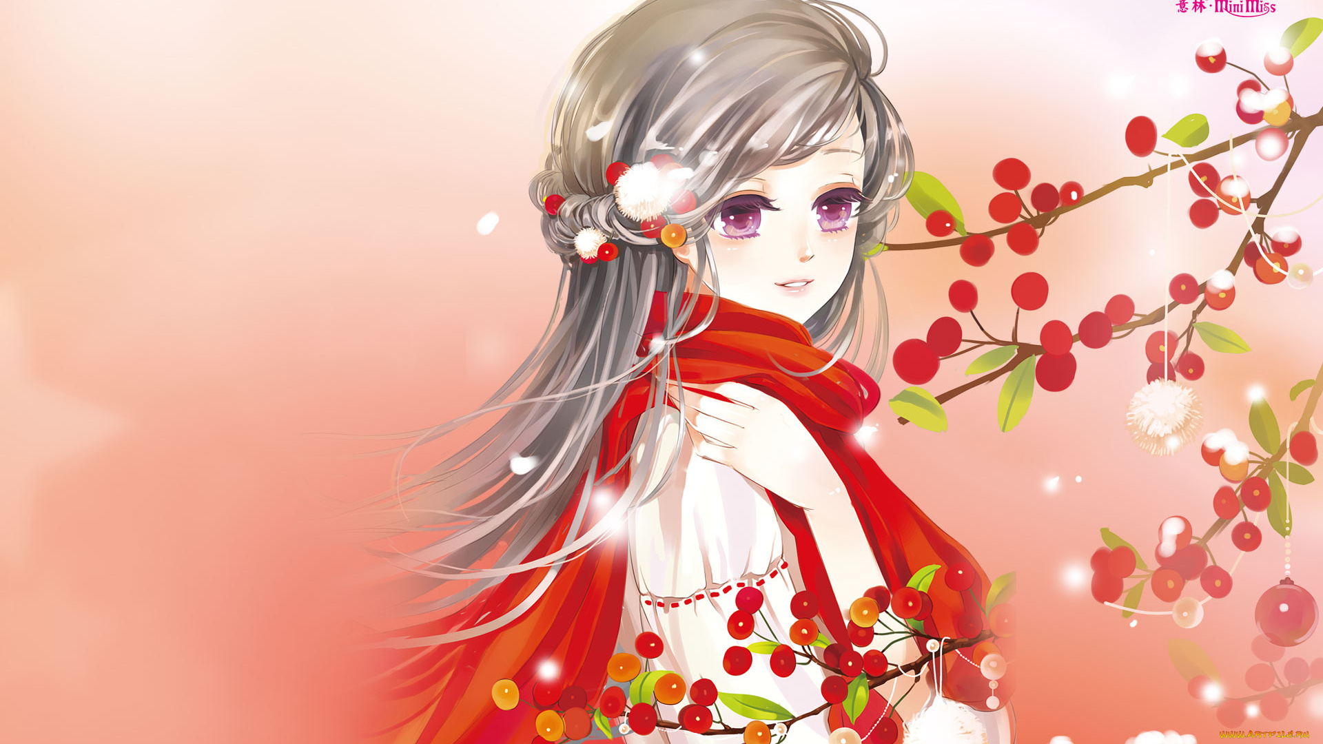 аниме, unknown, , другое, девушка, ягоды, сакура, фон, взгляд