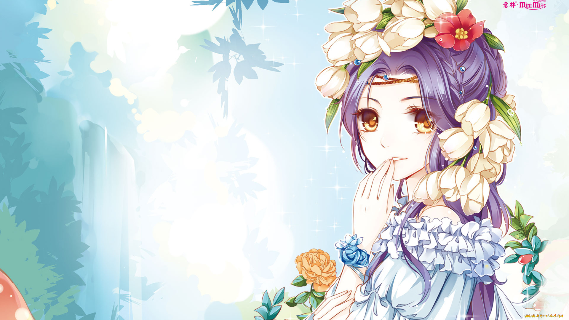 аниме, unknown, , другое, фон, девушка, цветы, взгляд